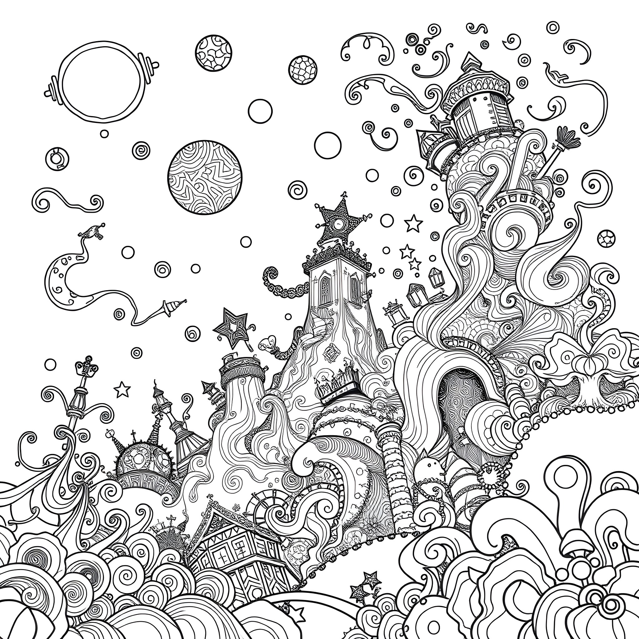 Trippy Fantastical Architectural Dreamscape Coloring Page (free black-and-white line drawing printable PDF for all, from beginners to advanced learners, including children, teens, adults, and seniors)