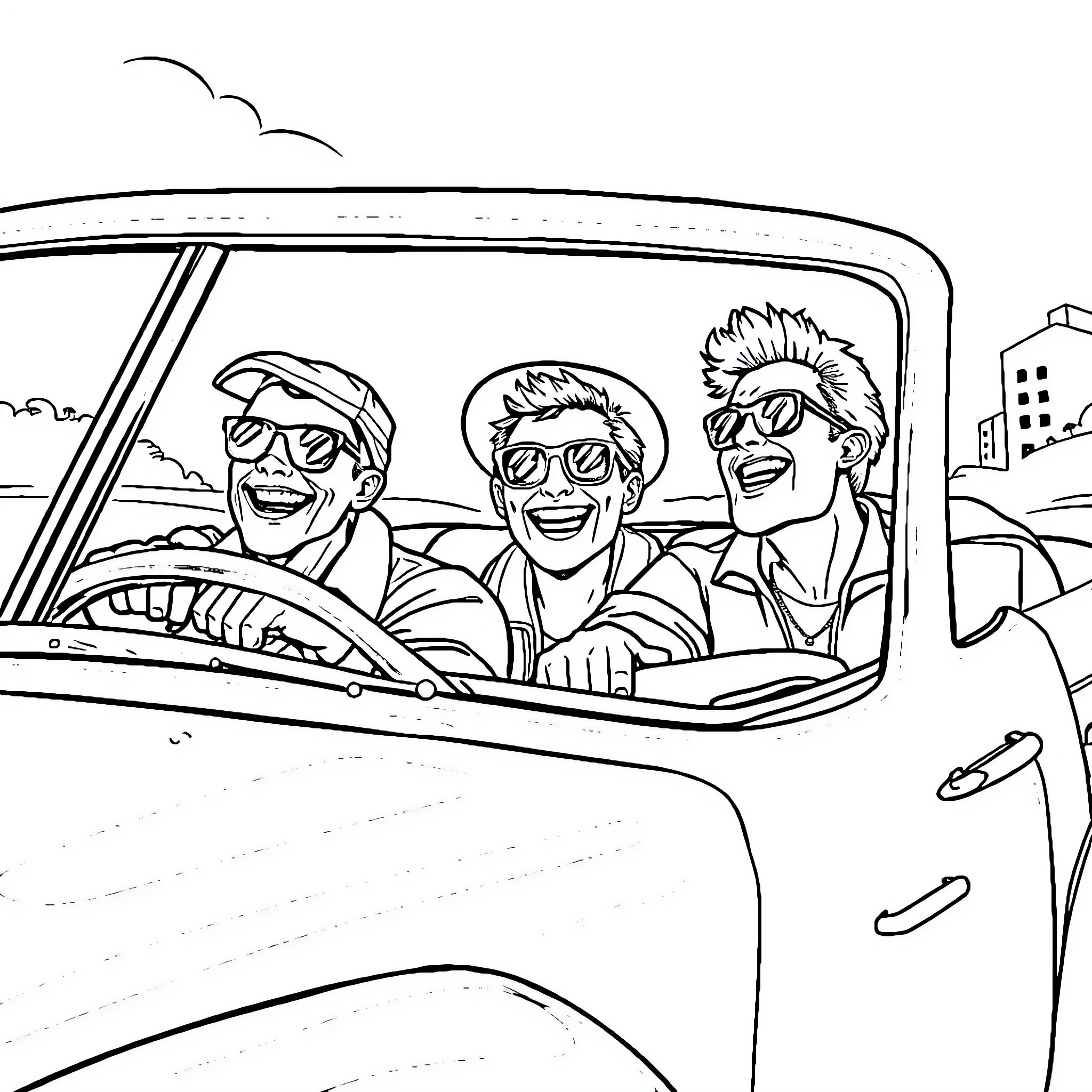 Fire Truck crew enjoying a road trip in a vintage car Coloring Page (free black-and-white line drawing printable PDF for all, from beginners to advanced learners, including children, teens, adults, and seniors)