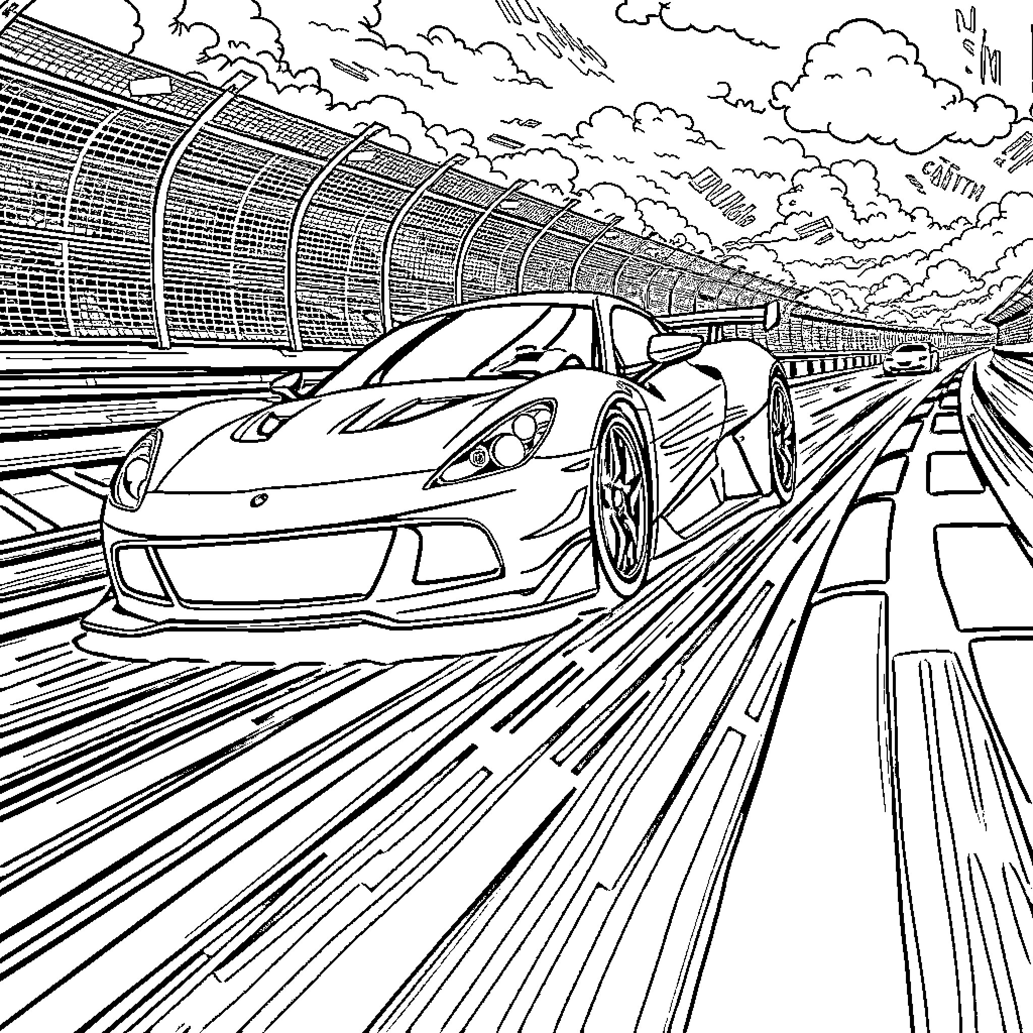 Super Car Speeding Through Futuristic Highway Coloring Page (free black-and-white line drawing printable PDF for all, from beginners to advanced learners, including children, teens, adults, and seniors)