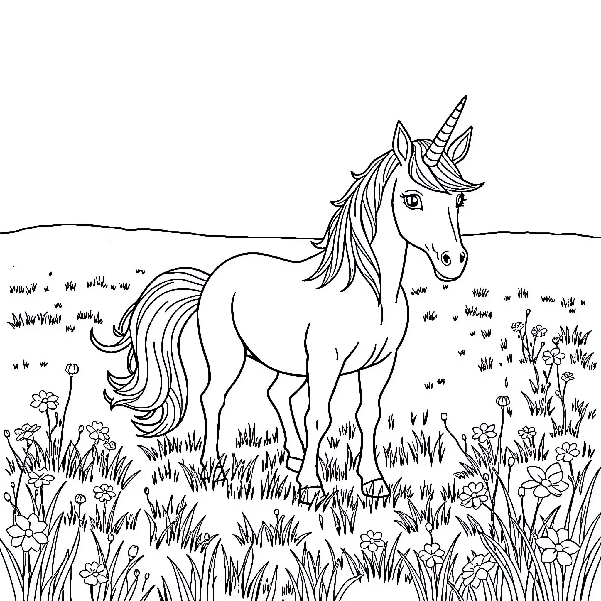 Unicorn standing in a field of flowers Coloring Page (free black-and-white line drawing printable PDF for all, from beginners to advanced learners, including children, teens, adults, and seniors)