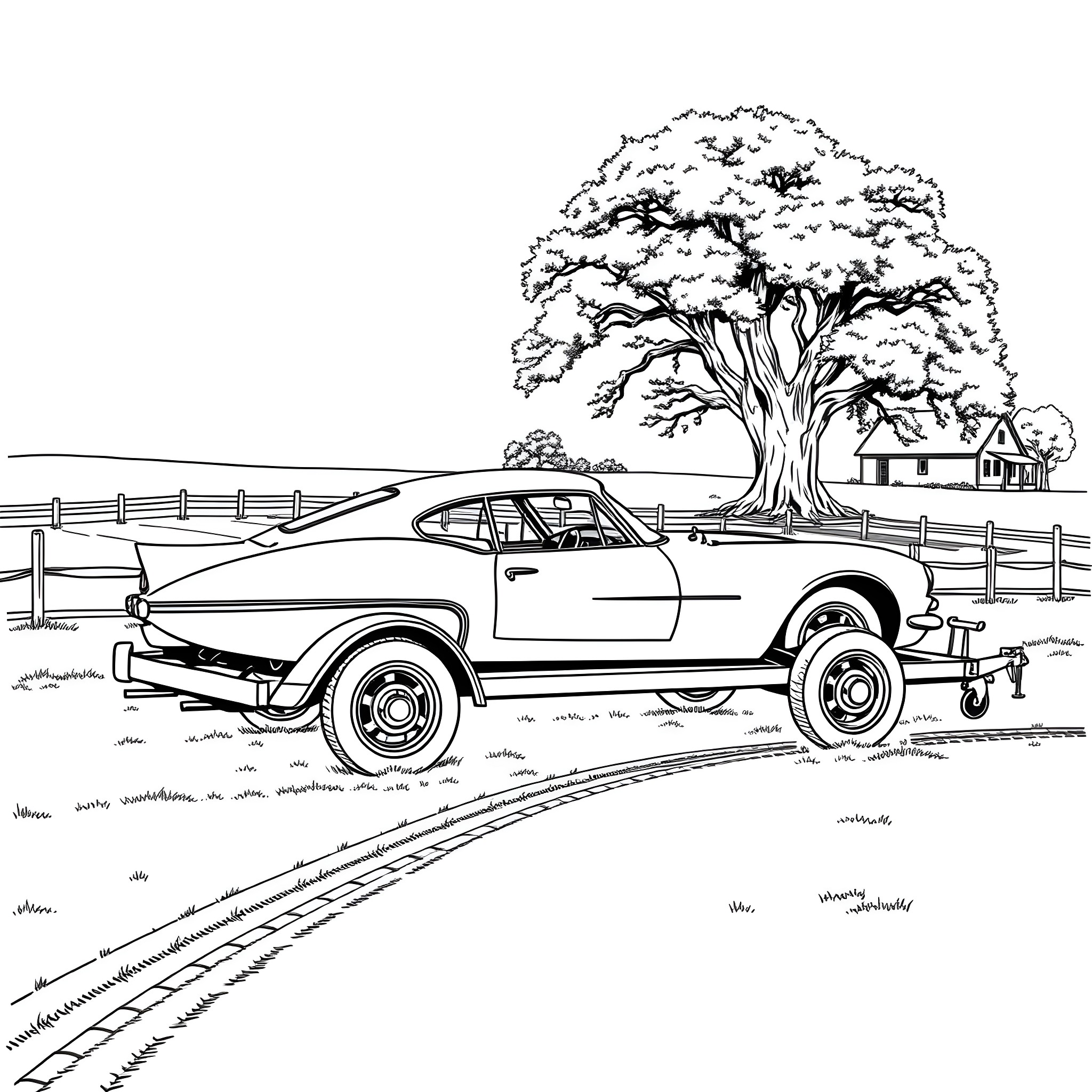 Car parked in countryside with old tree Coloring Page (free black-and-white line drawing printable PDF for all, from beginners to advanced learners, including children, teens, adults, and seniors)