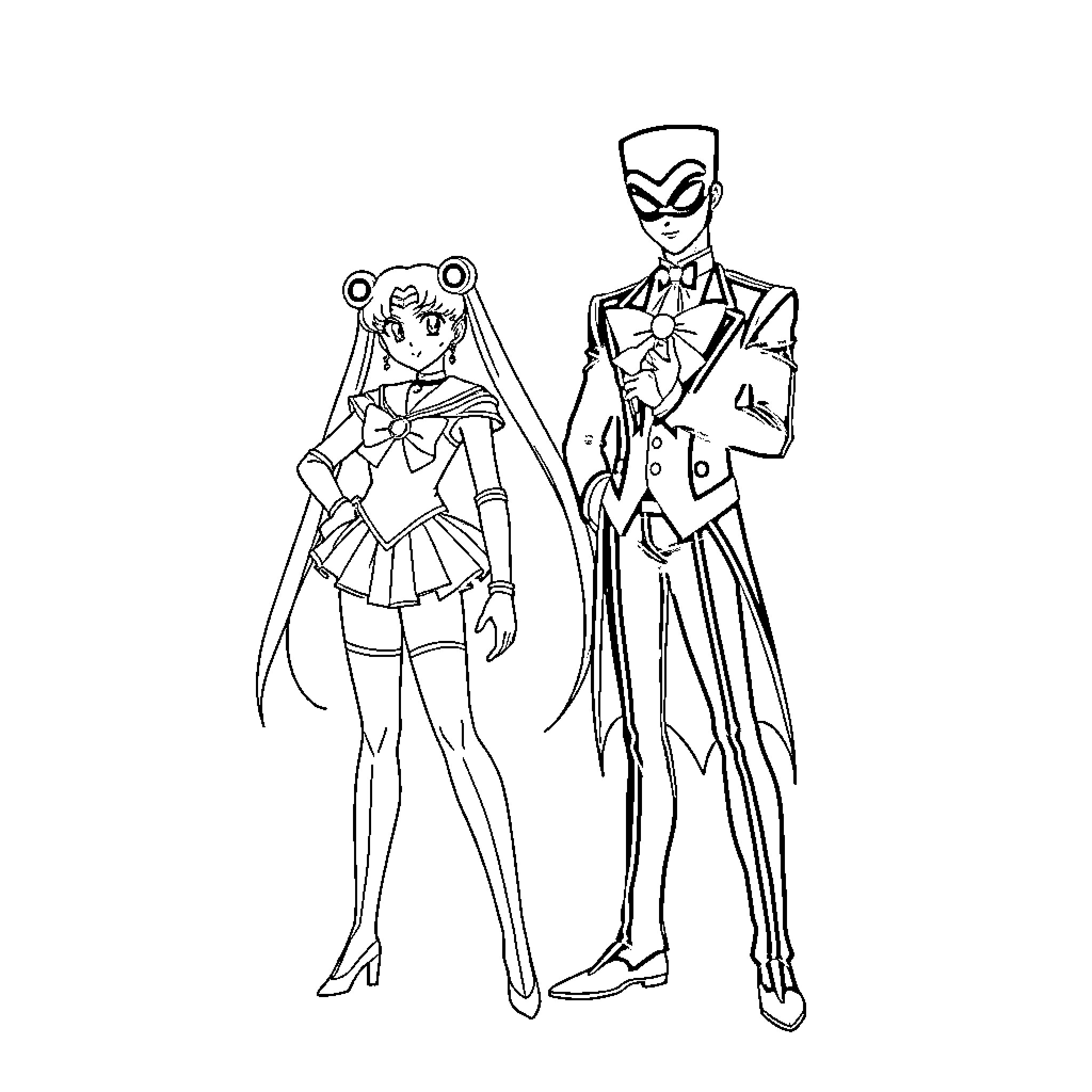 Tuxedo Mask and Sailor Moon in heroic poses Coloring Page (free black-and-white line drawing printable PDF for all, from beginners to advanced learners, including children, teens, adults, and seniors)