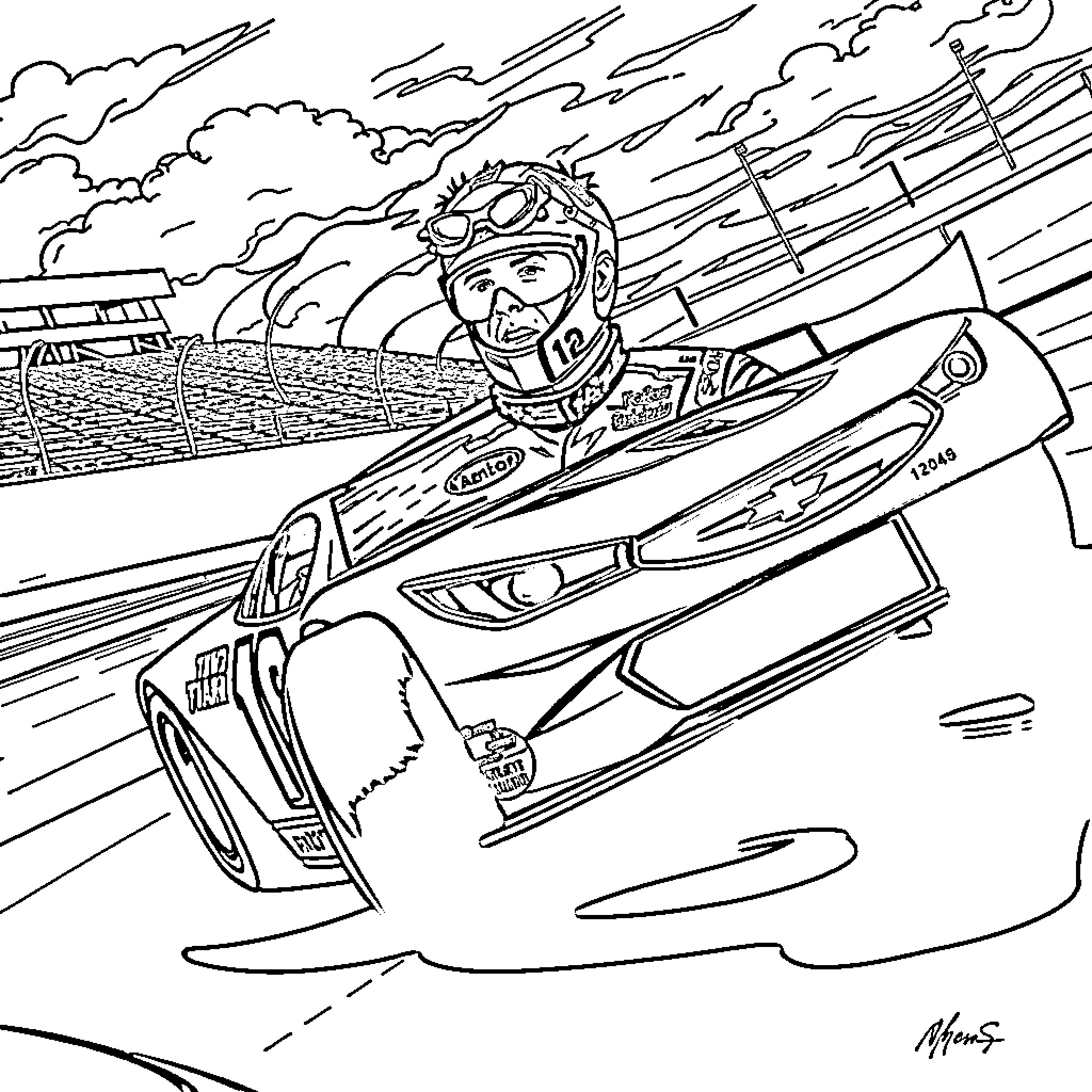 Ryan Blaney racing at high speed on the track Coloring Page (free black-and-white line drawing printable PDF for all, from beginners to advanced learners, including children, teens, adults, and seniors)
