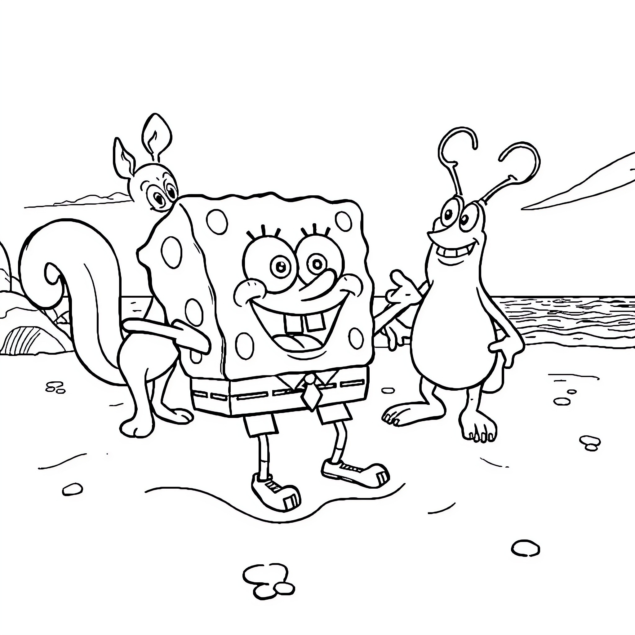 Spongebob and friends having fun on the beach Coloring Page (free black-and-white line drawing printable PDF for all, from beginners to advanced learners, including children, teens, adults, and seniors)