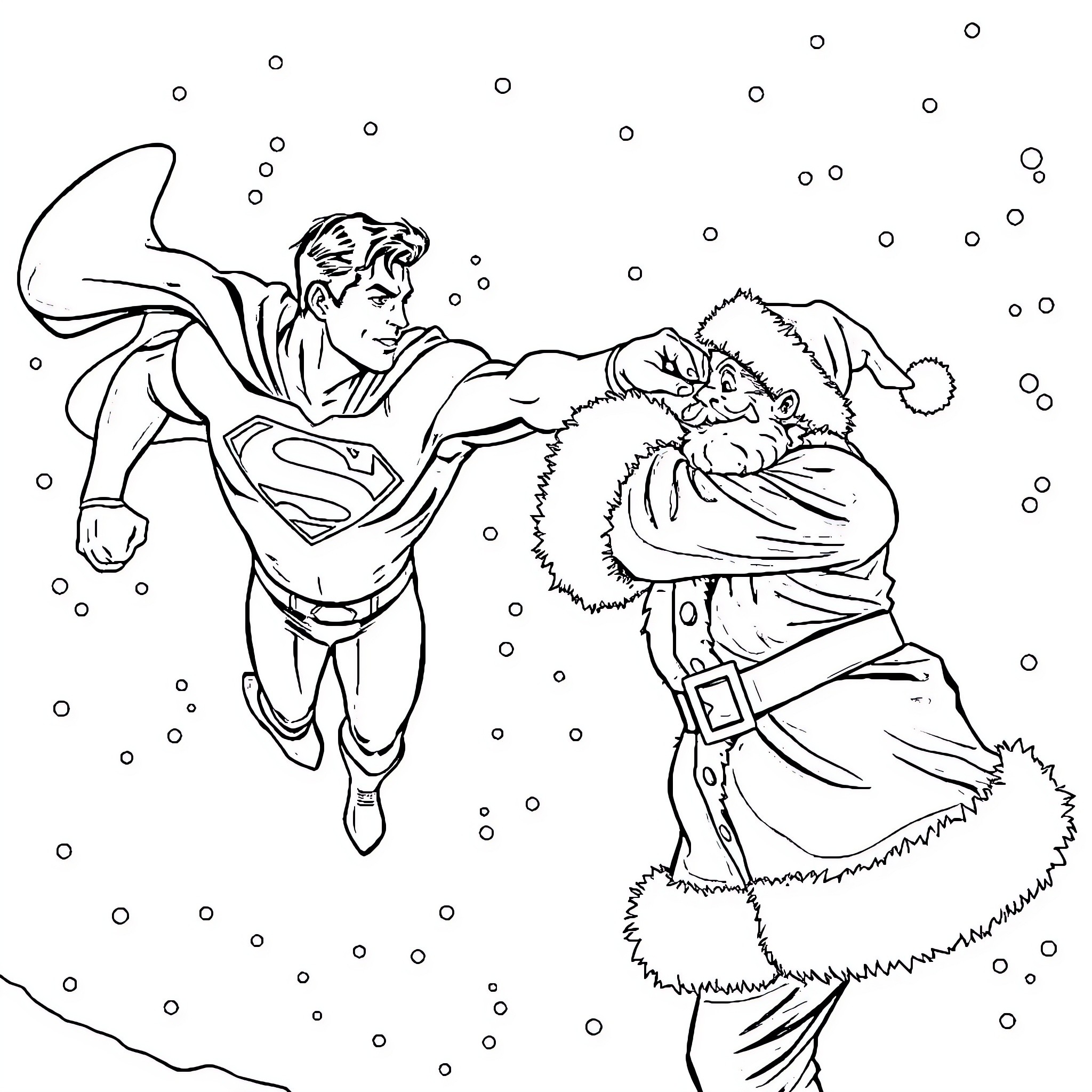 Superman rescuing Santa Claus in the snow Coloring Page (free black-and-white line drawing printable PDF for all, from beginners to advanced learners, including children, teens, adults, and seniors)