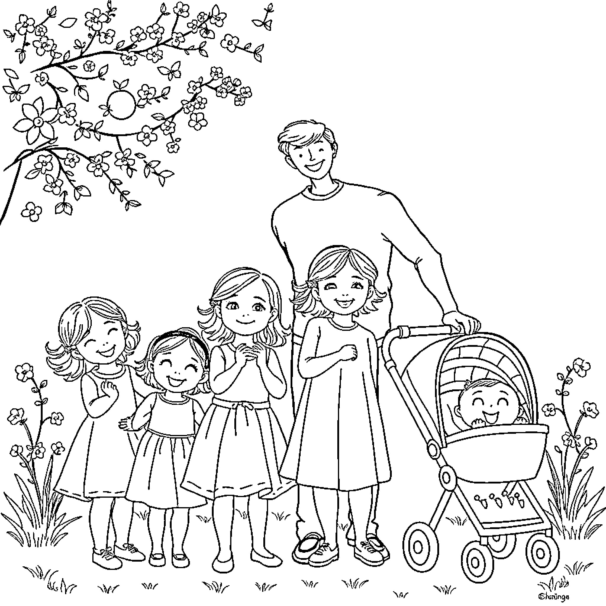 Family Enjoying a Springtime Stroll Coloring Page (free black-and-white line drawing printable PDF for all, from beginners to advanced learners, including children, teens, adults, and seniors)