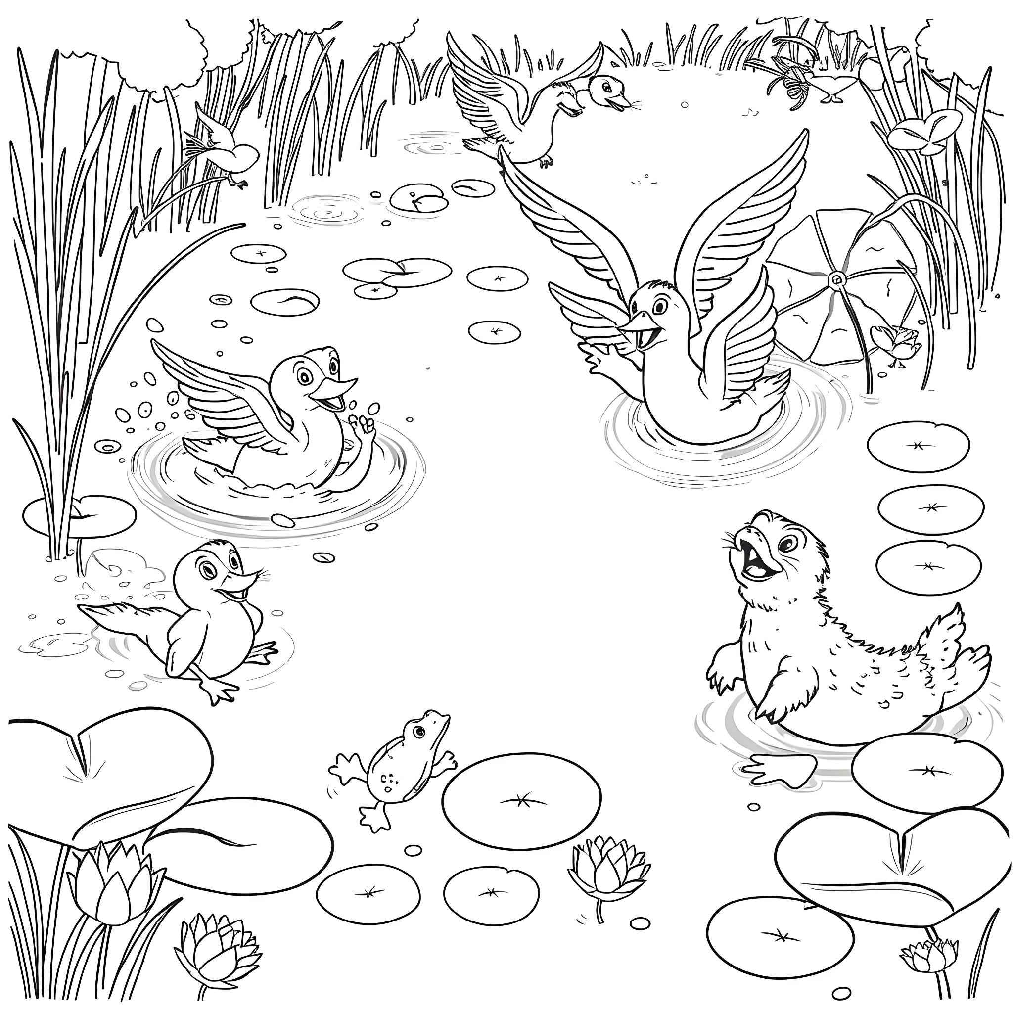 Animal swimming and playing in the pond Coloring Page (free black-and-white line drawing printable PDF for all, from beginners to advanced learners, including children, teens, adults, and seniors)