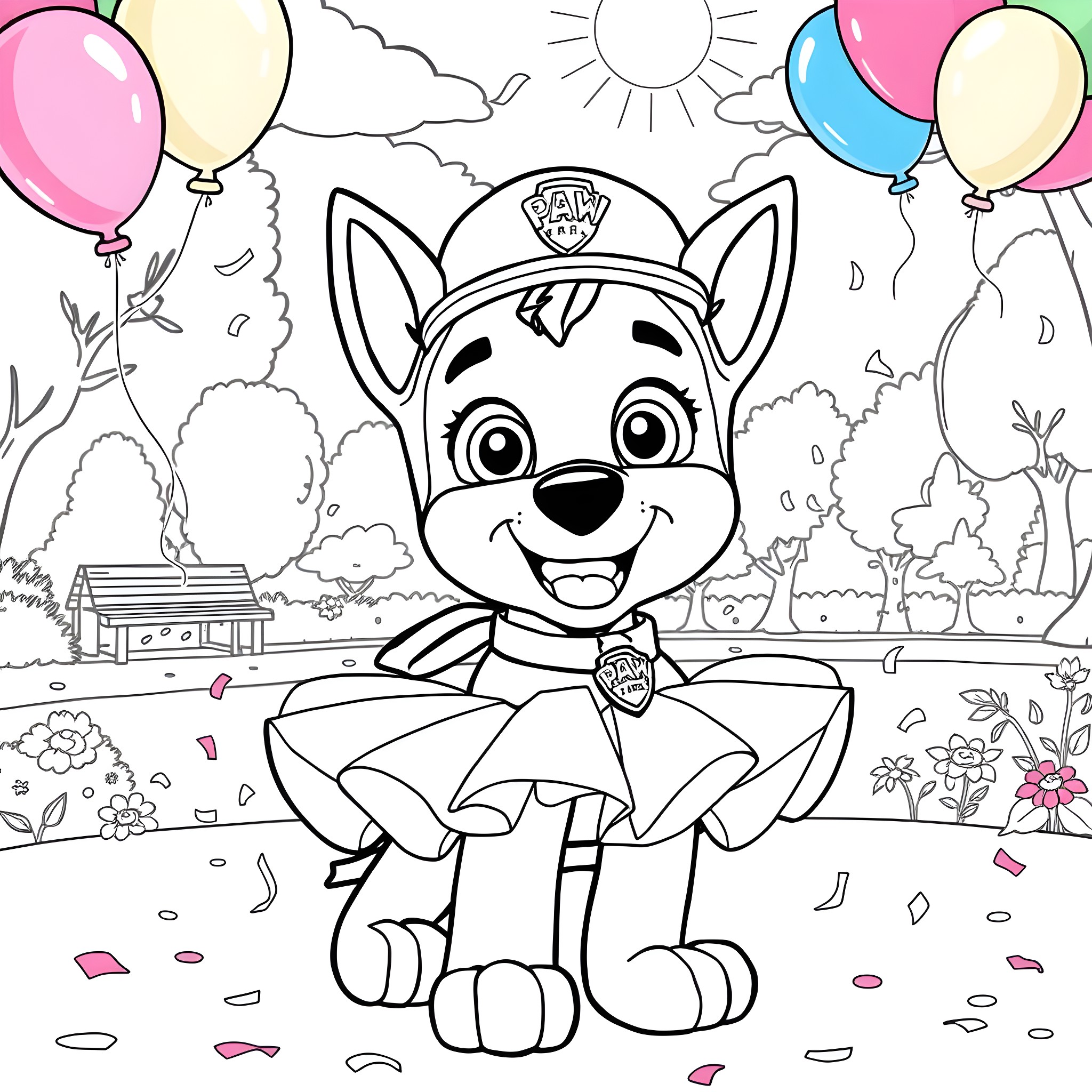 Chase the Paw Patrol Pup's Celebration Coloring Page (free black-and-white line drawing printable PDF for all, from beginners to advanced learners, including children, teens, adults, and seniors)