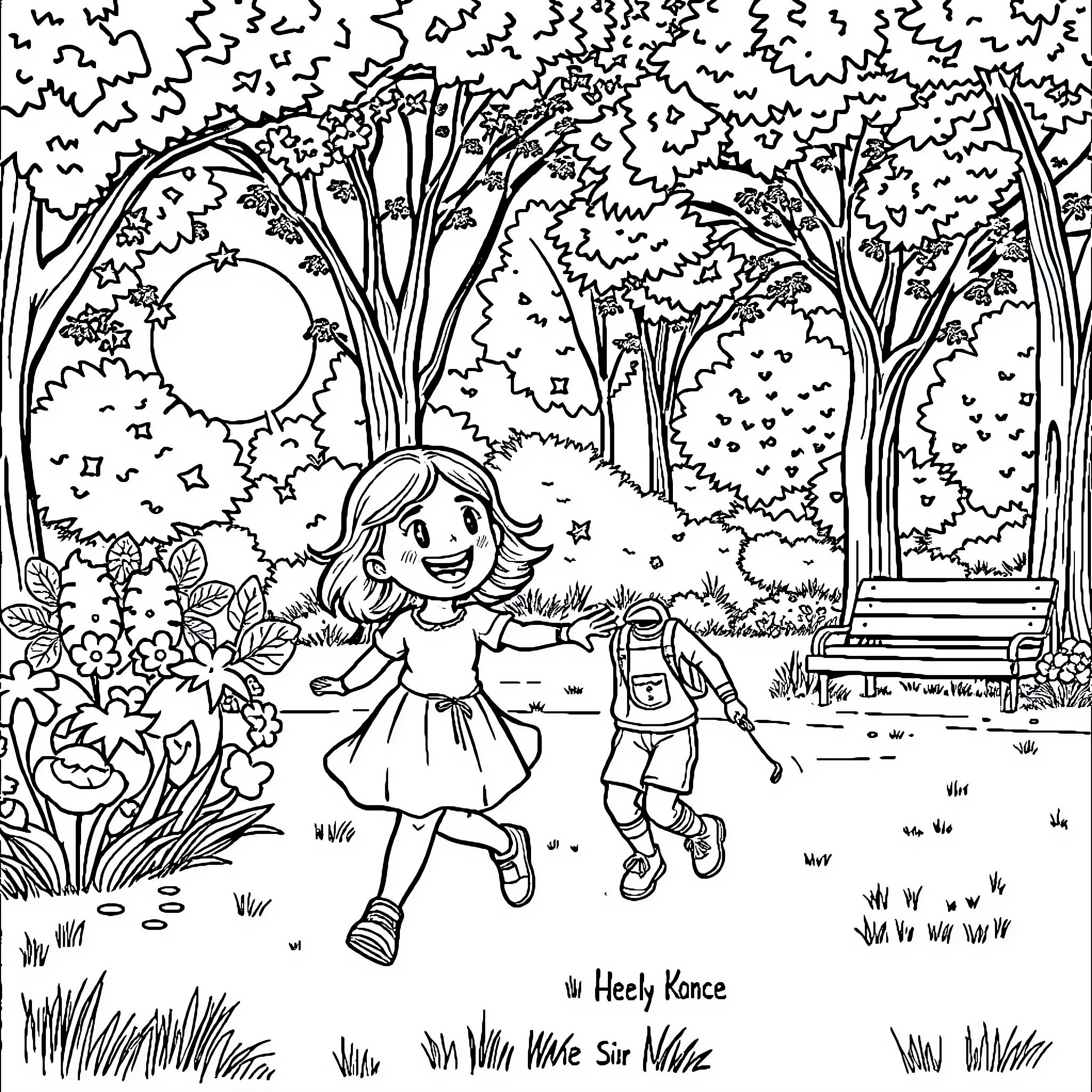 Girl playing joyfully in a magical forest Coloring Page (free black-and-white line drawing printable PDF for all, from beginners to advanced learners, including children, teens, adults, and seniors)