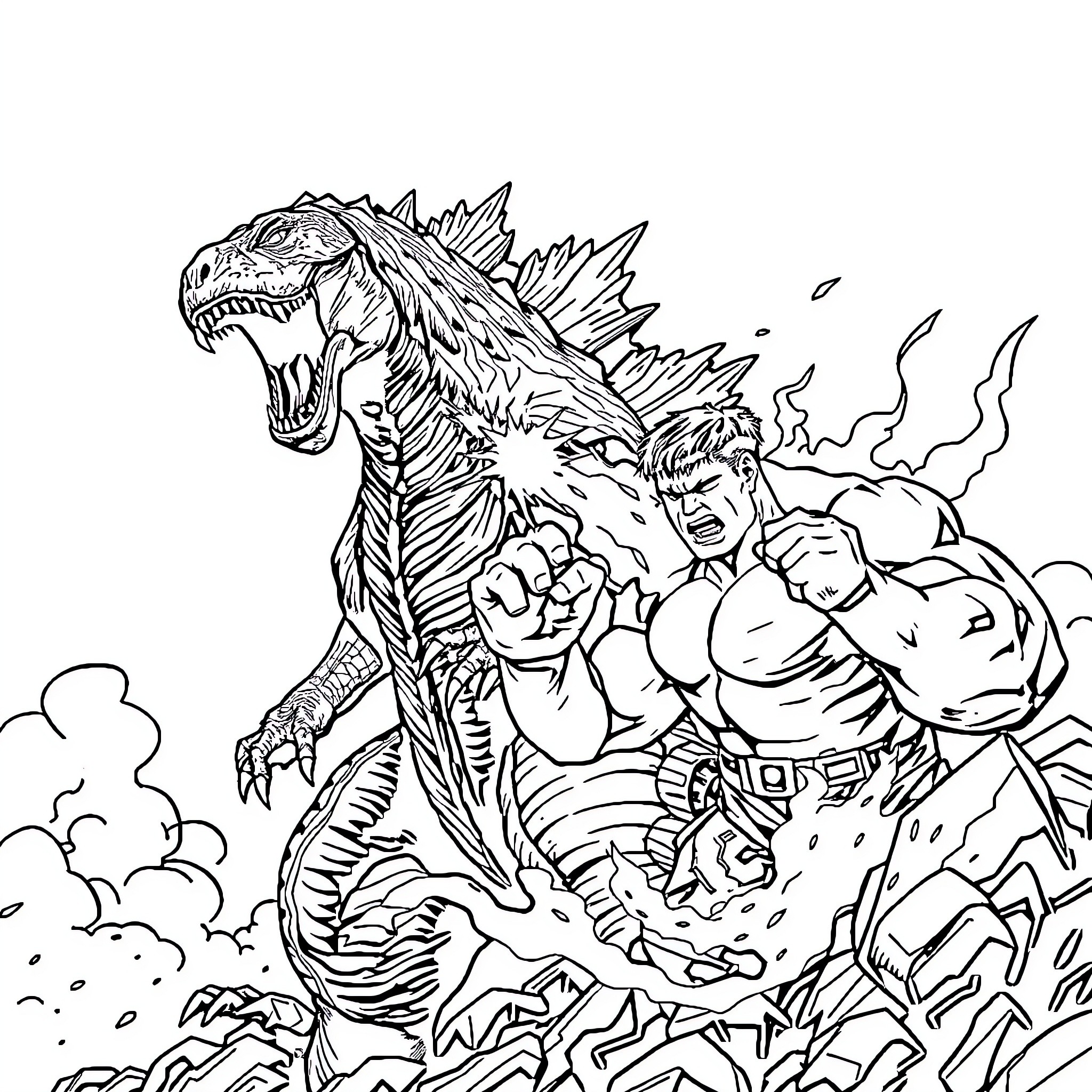 Godzilla battling a powerful monster in the city Coloring Page (free black-and-white line drawing printable PDF for all, from beginners to advanced learners, including children, teens, adults, and seniors)