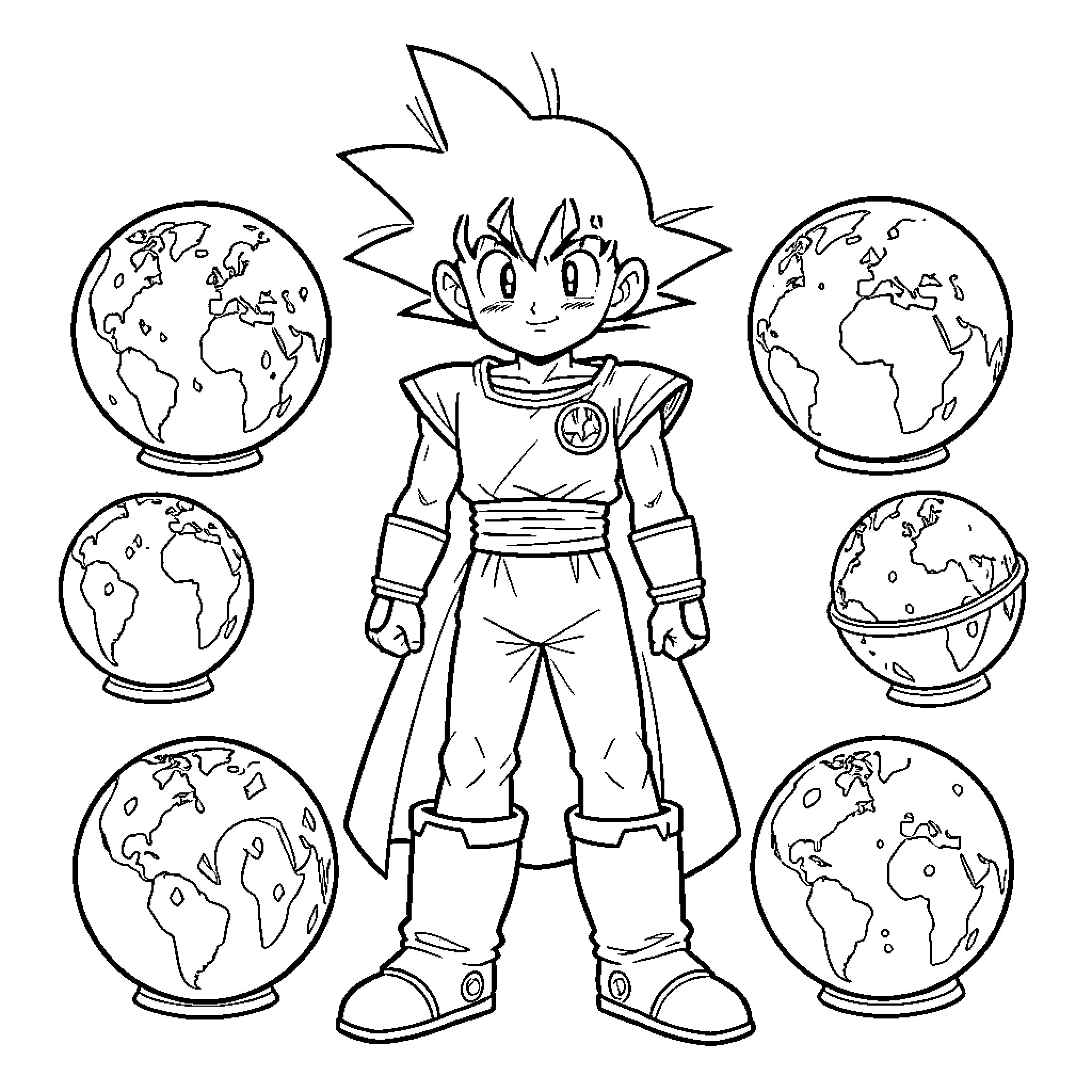 Piccolo character standing amidst various globes of the Earth Coloring Page (free black-and-white line drawing printable PDF for all, from beginners to advanced learners, including children, teens, adults, and seniors)