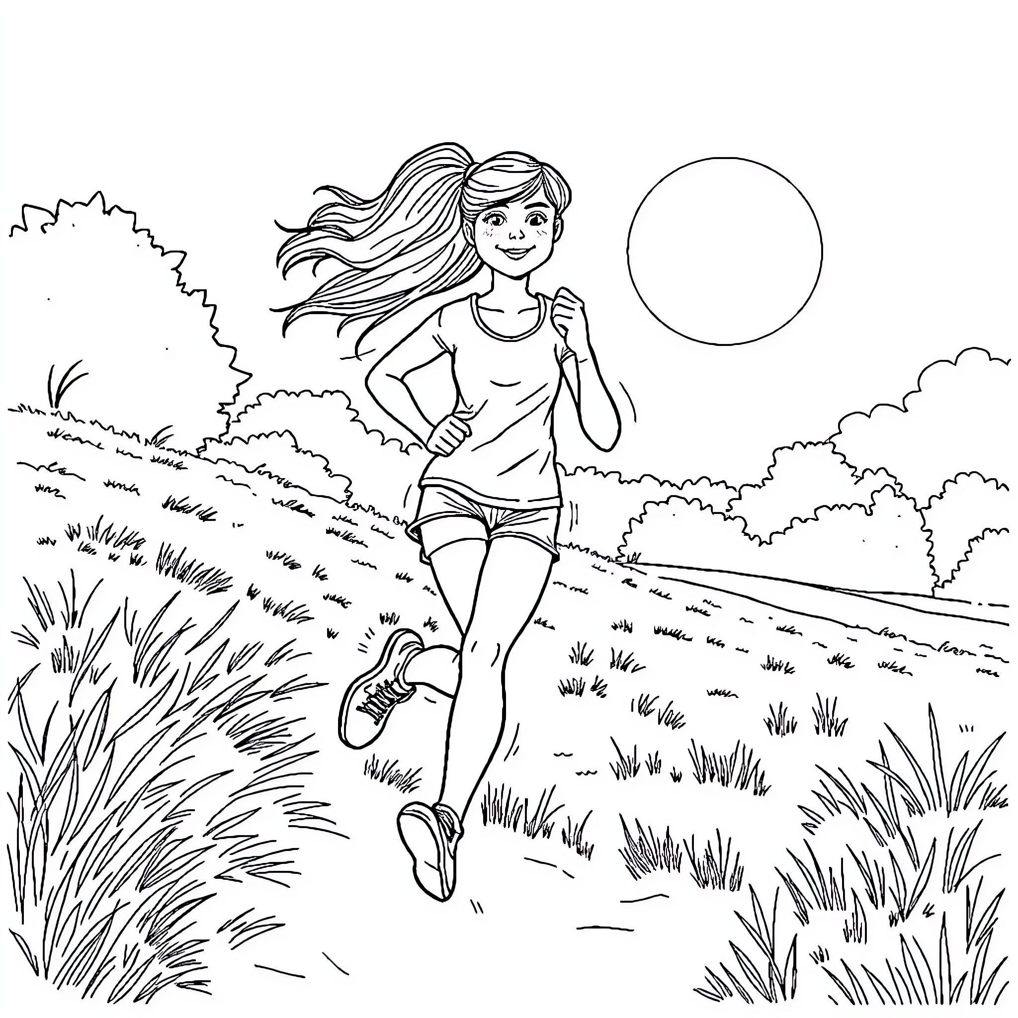 Girl Running Happily in the Countryside Coloring Page (free black-and-white line drawing printable PDF for all, from beginners to advanced learners, including children, teens, adults, and seniors)