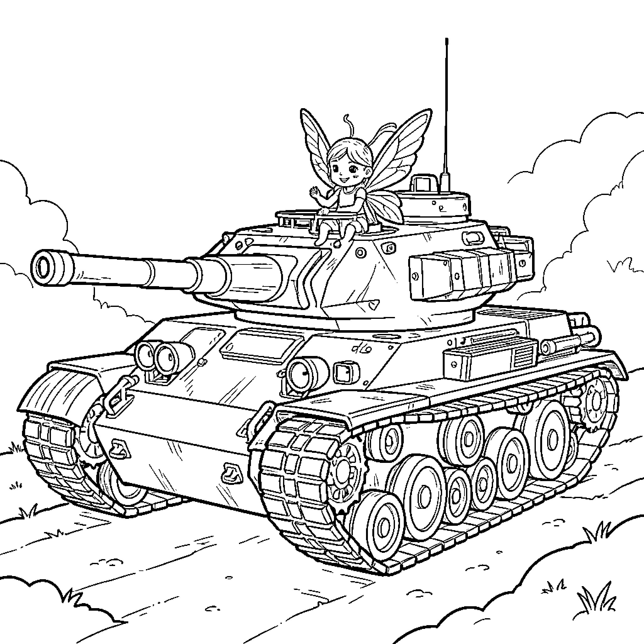 Fairy riding a fearsome tank in a battlefield Coloring Page (free black-and-white line drawing printable PDF for all, from beginners to advanced learners, including children, teens, adults, and seniors)