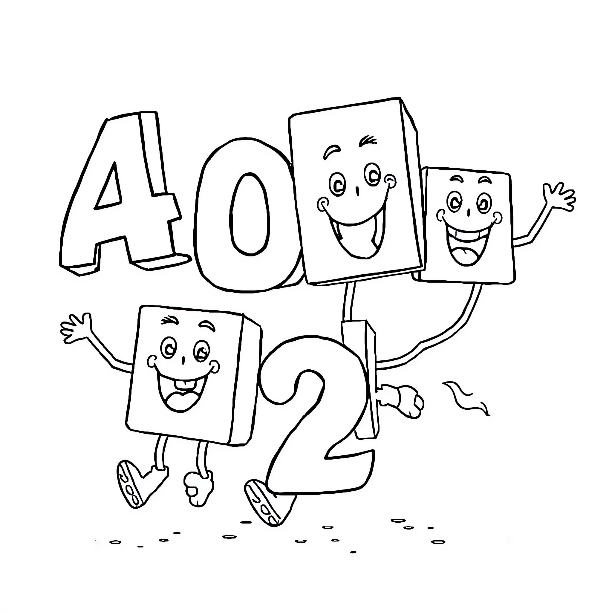 Numberblocks characters playing and dancing happily Coloring Page (free black-and-white line drawing printable PDF for all, from beginners to advanced learners, including children, teens, adults, and seniors)