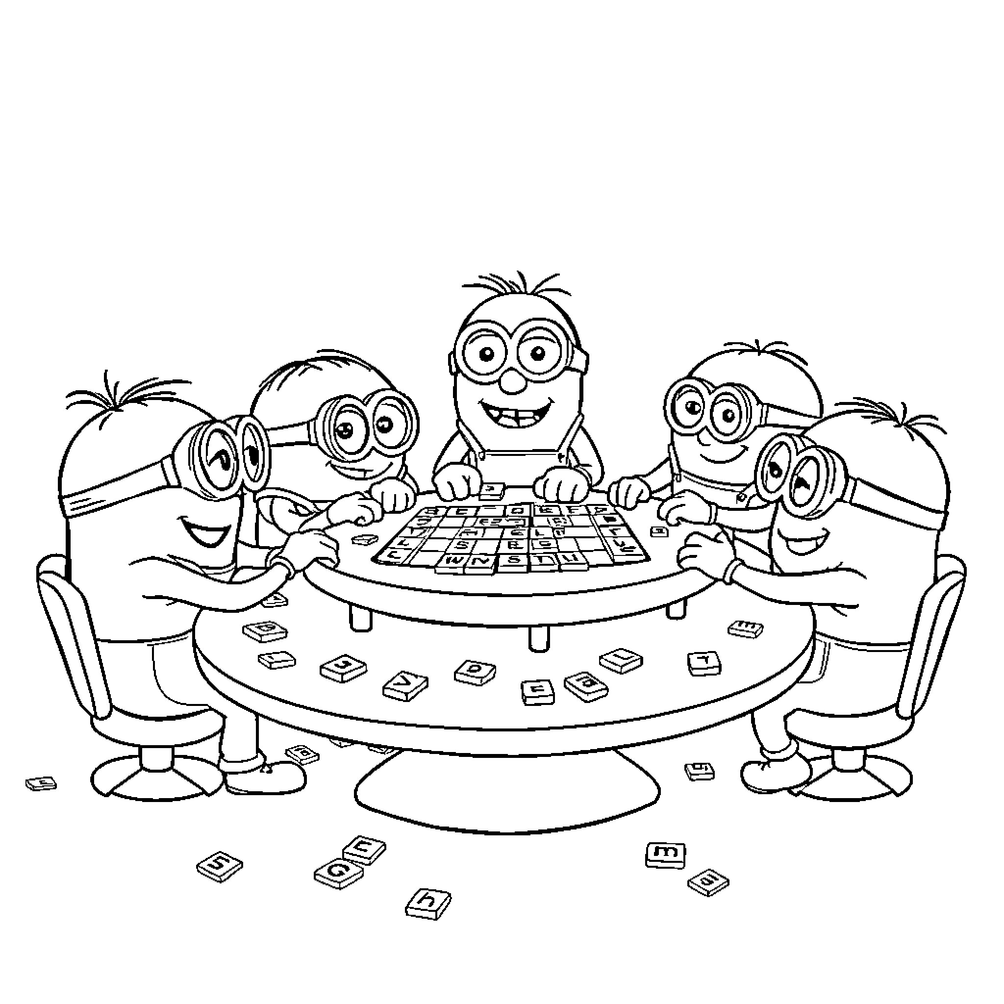 Bluey and the Minions Playing Board Games Coloring Page (free black-and-white line drawing printable PDF for all, from beginners to advanced learners, including children, teens, adults, and seniors)