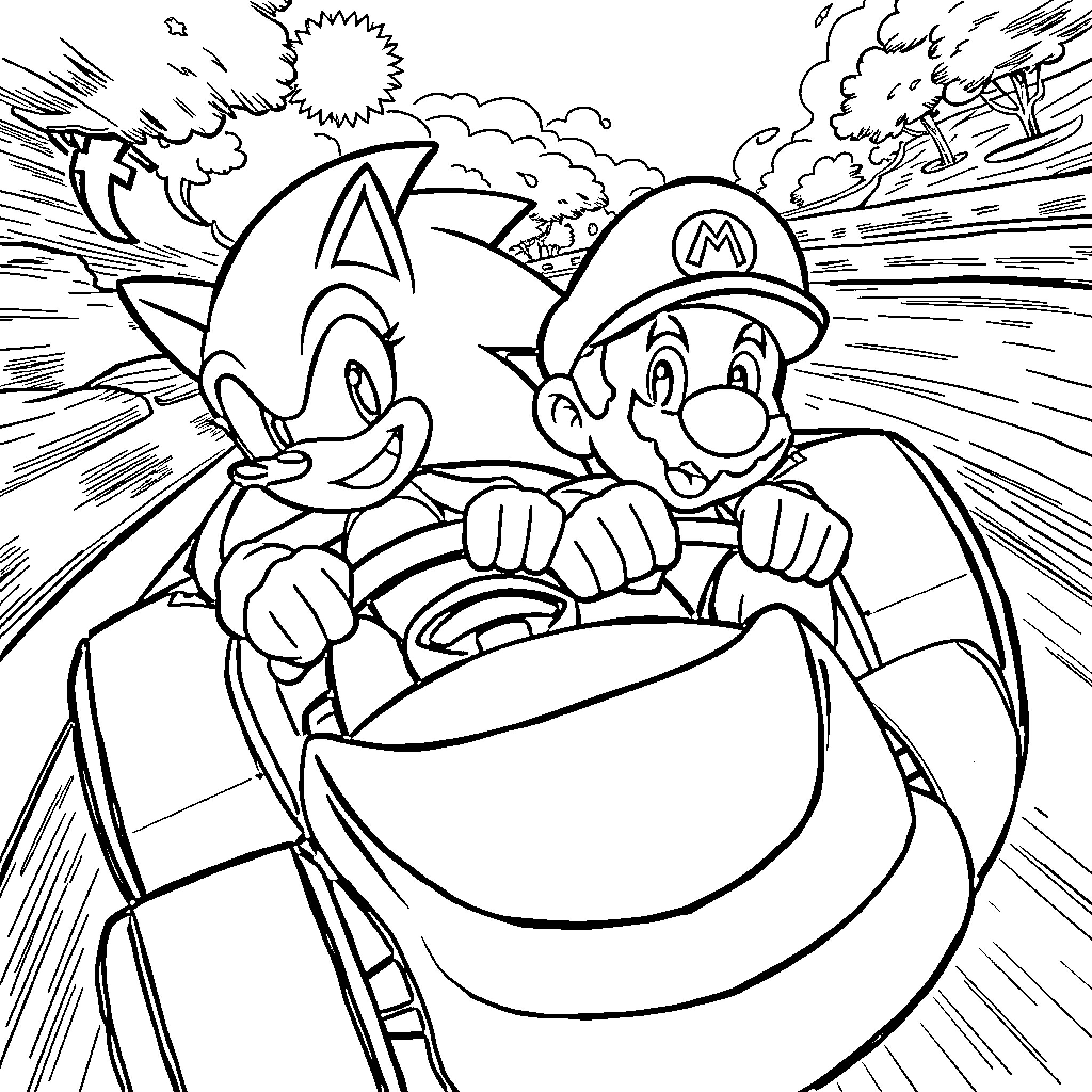 Sonic and Mario racing together in a high-speed adventure Coloring Page (free black-and-white line drawing printable PDF for all, from beginners to advanced learners, including children, teens, adults, and seniors)
