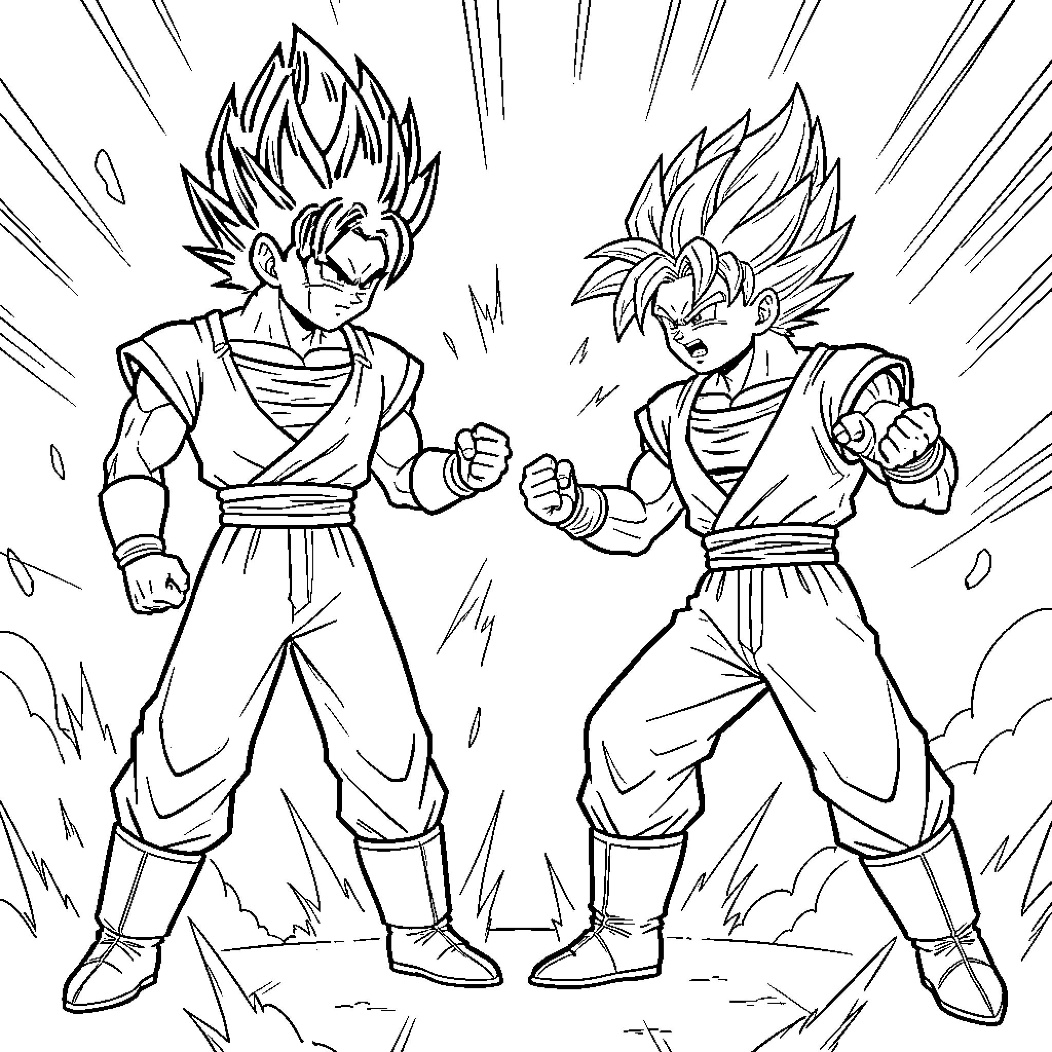 Vegeta and Goku standing in powerful fighting stances Coloring Page (free black-and-white line drawing printable PDF for all, from beginners to advanced learners, including children, teens, adults, and seniors)