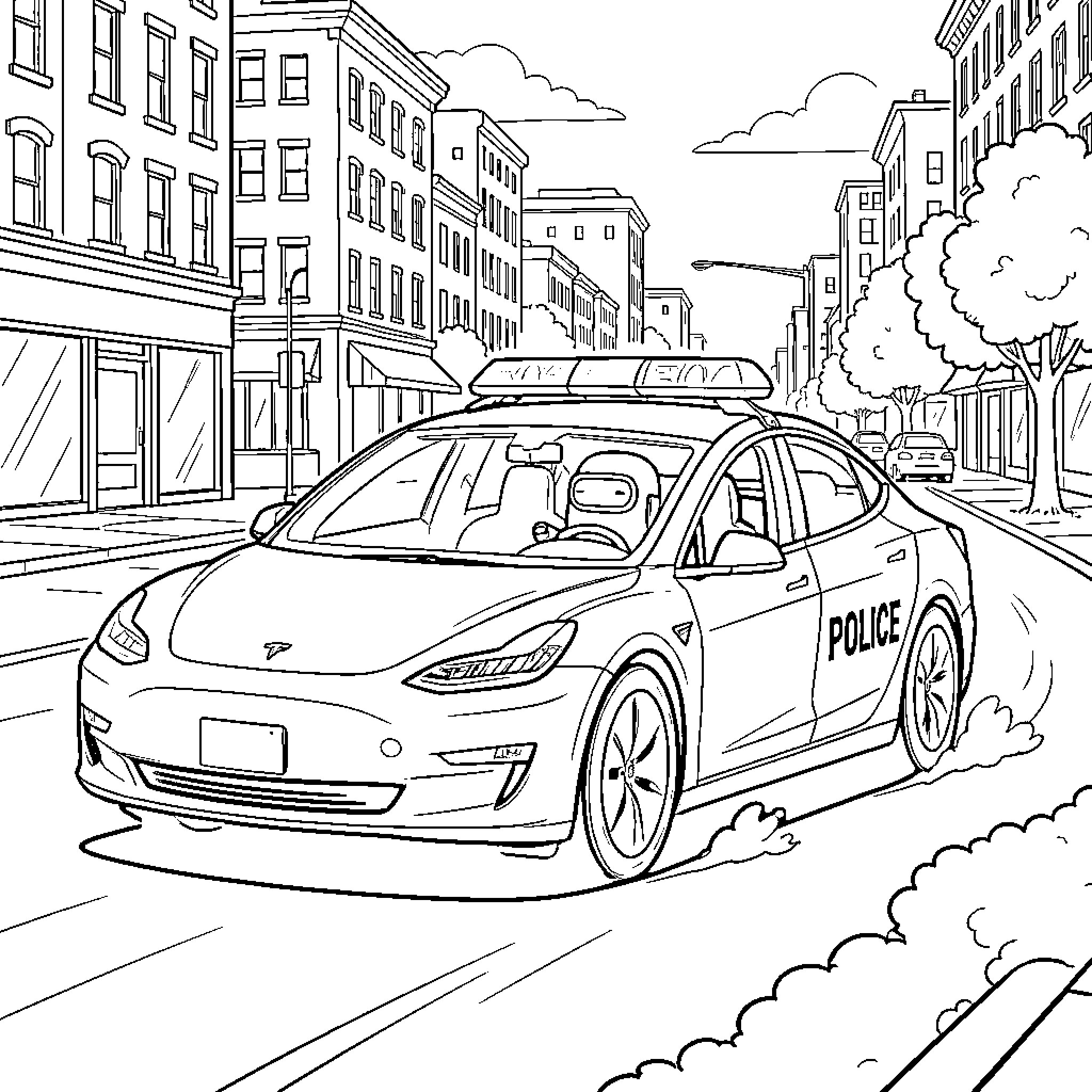 Tesla police car patrolling city streets Coloring Page (free black-and-white line drawing printable PDF for all, from beginners to advanced learners, including children, teens, adults, and seniors)
