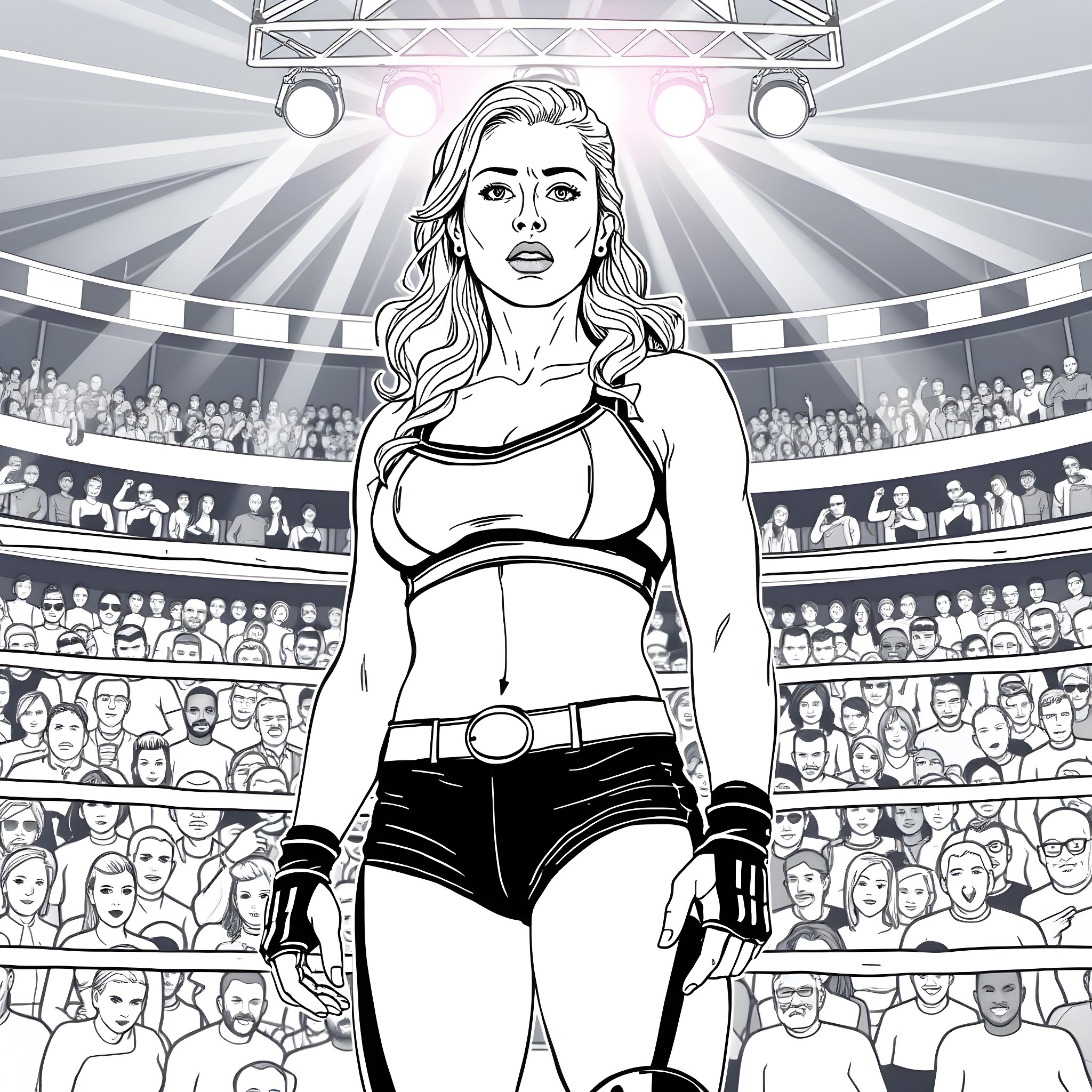 Rhea Ripley Dominates the Wrestling Stage Coloring Page (free black-and-white line drawing printable PDF for all, from beginners to advanced learners, including children, teens, adults, and seniors)