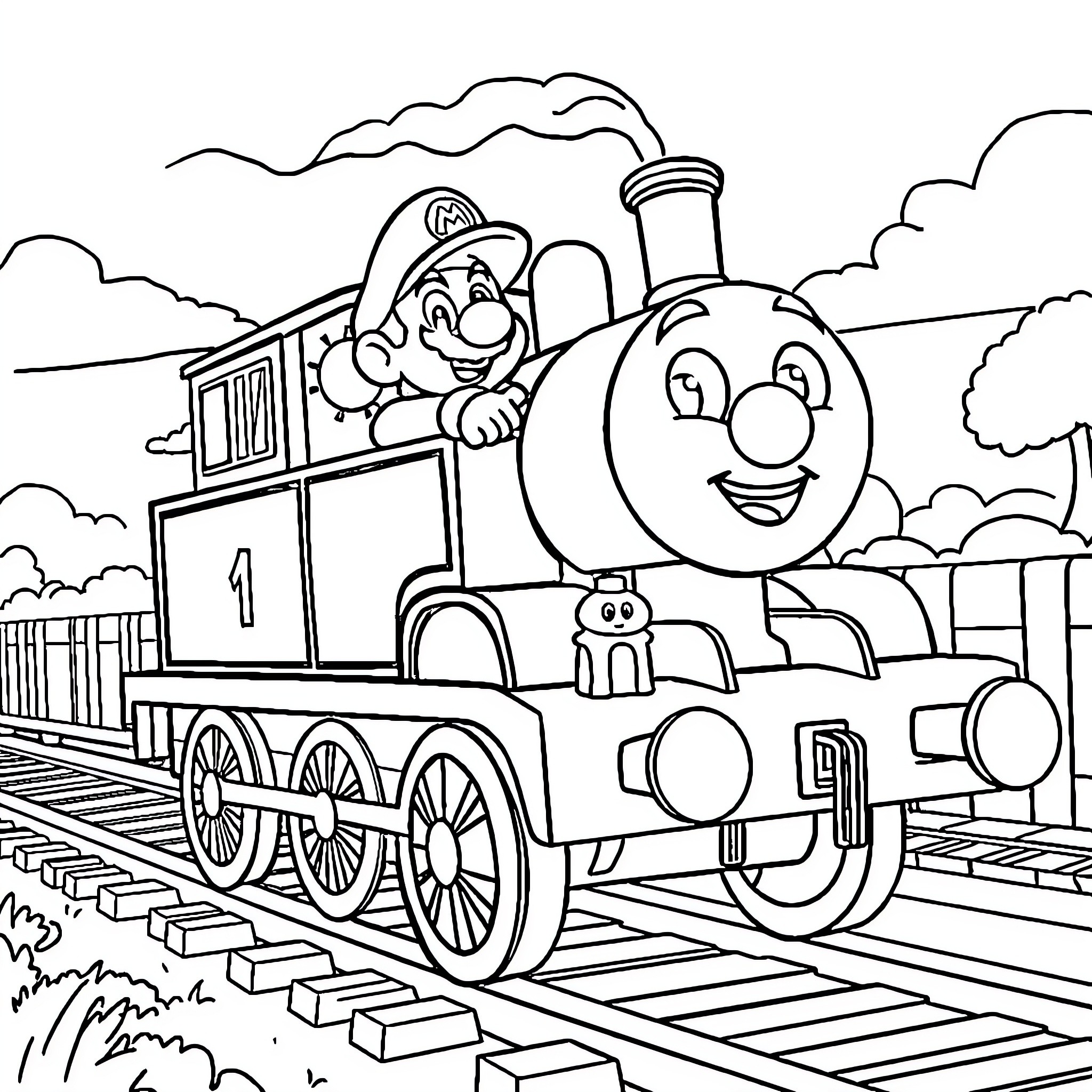 Super Mario Riding a Cartoon Train Through the Countryside Coloring Page (free black-and-white line drawing printable PDF for all, from beginners to advanced learners, including children, teens, adults, and seniors)