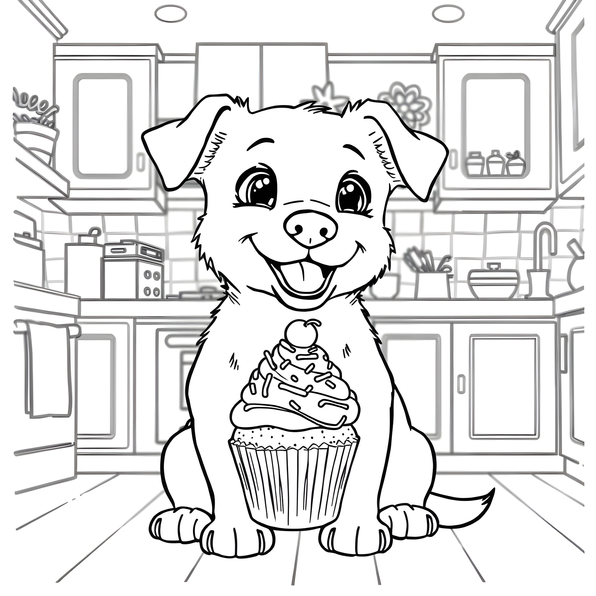 Dog enjoying a cupcake in the kitchen Coloring Page (free black-and-white line drawing printable PDF for all, from beginners to advanced learners, including children, teens, adults, and seniors)