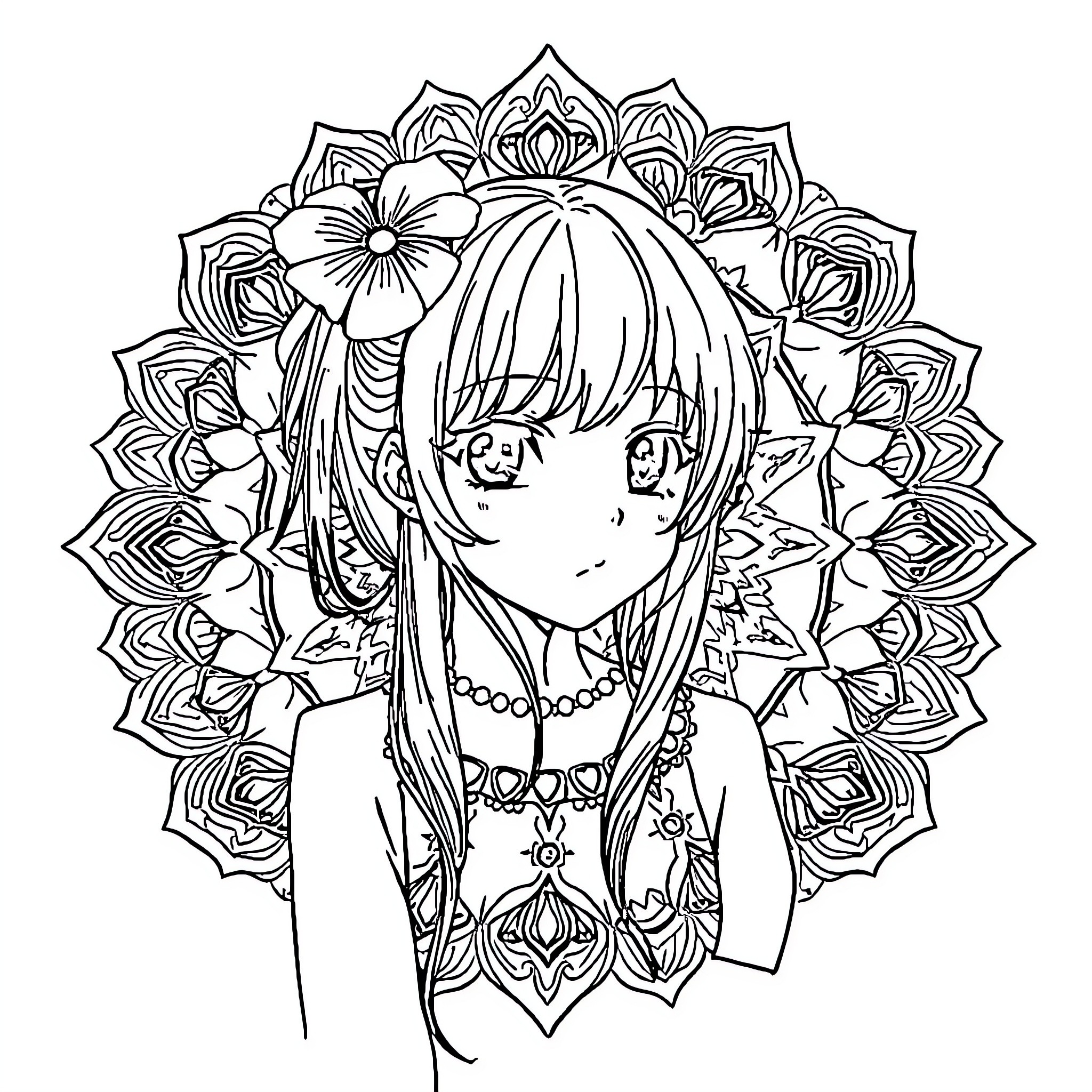 Waifu with floral mandala pattern Coloring Page (free black-and-white line drawing printable PDF for all, from beginners to advanced learners, including children, teens, adults, and seniors)