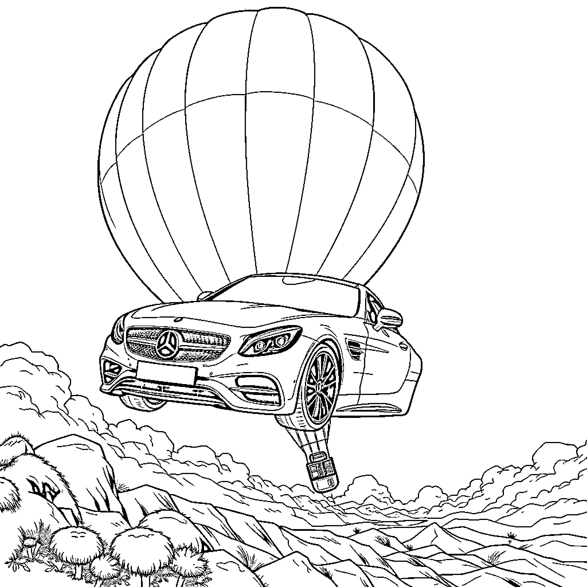 Flying Car Soaring Through the Clouds Coloring Page (free black-and-white line drawing printable PDF for all, from beginners to advanced learners, including children, teens, adults, and seniors)