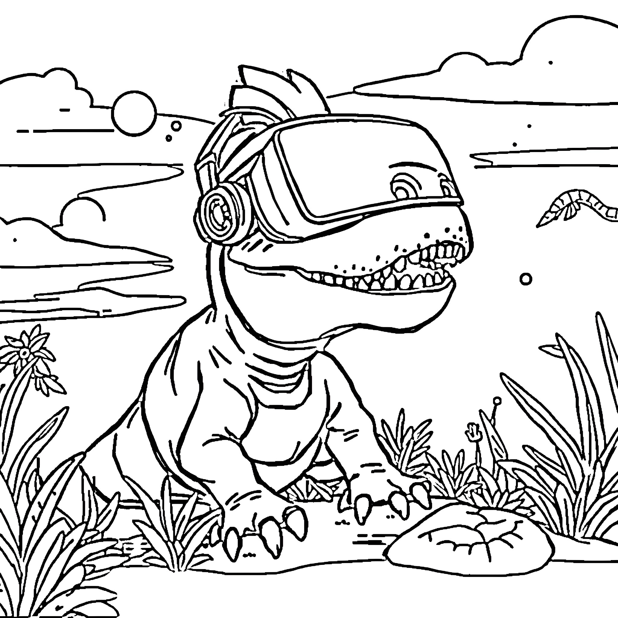Dinosaur exploring a tropical landscape Coloring Page (free black-and-white line drawing printable PDF for all, from beginners to advanced learners, including children, teens, adults, and seniors)