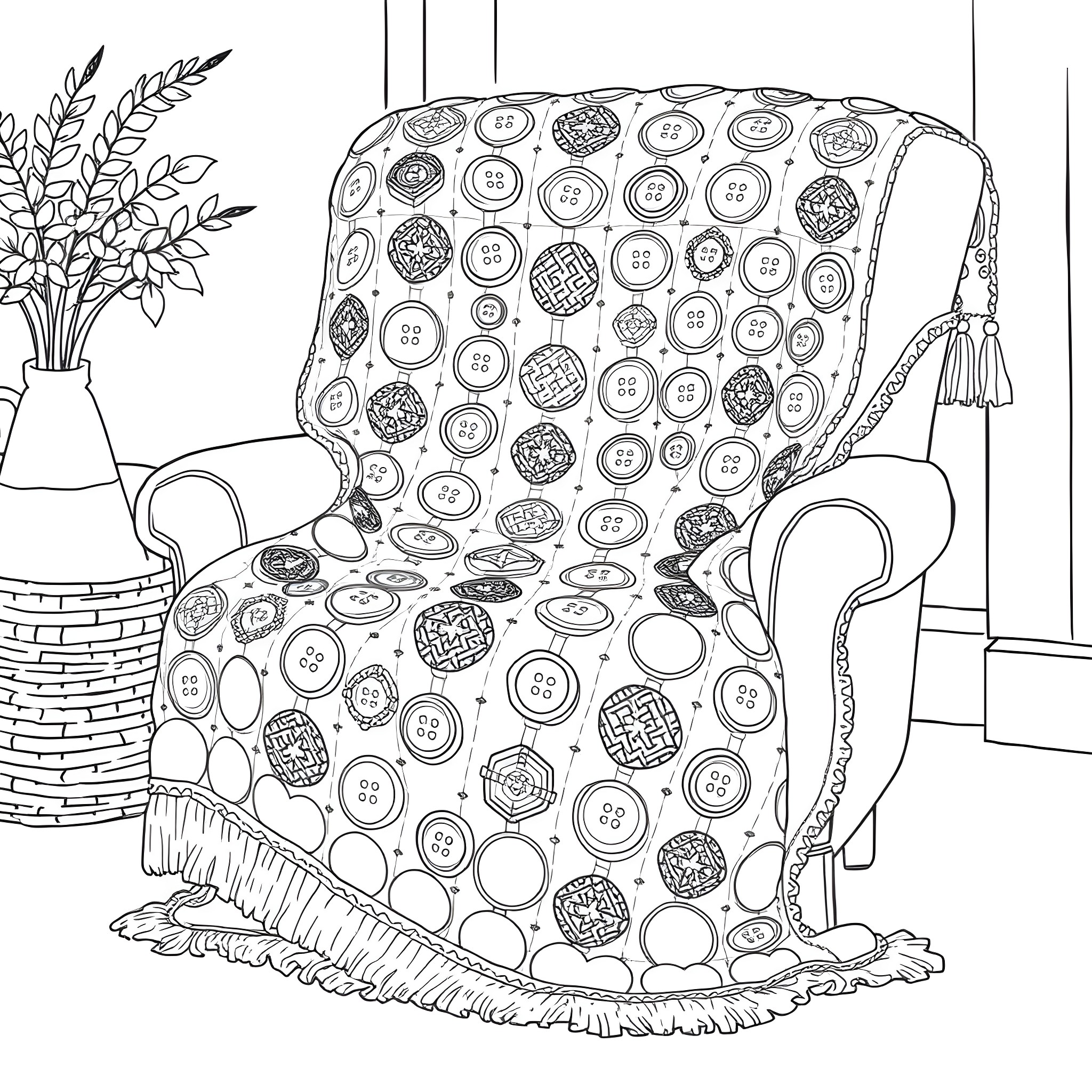 Button Covered Cozy Chair in Indoor Setting Coloring Page (free black-and-white line drawing printable PDF for all, from beginners to advanced learners, including children, teens, adults, and seniors)