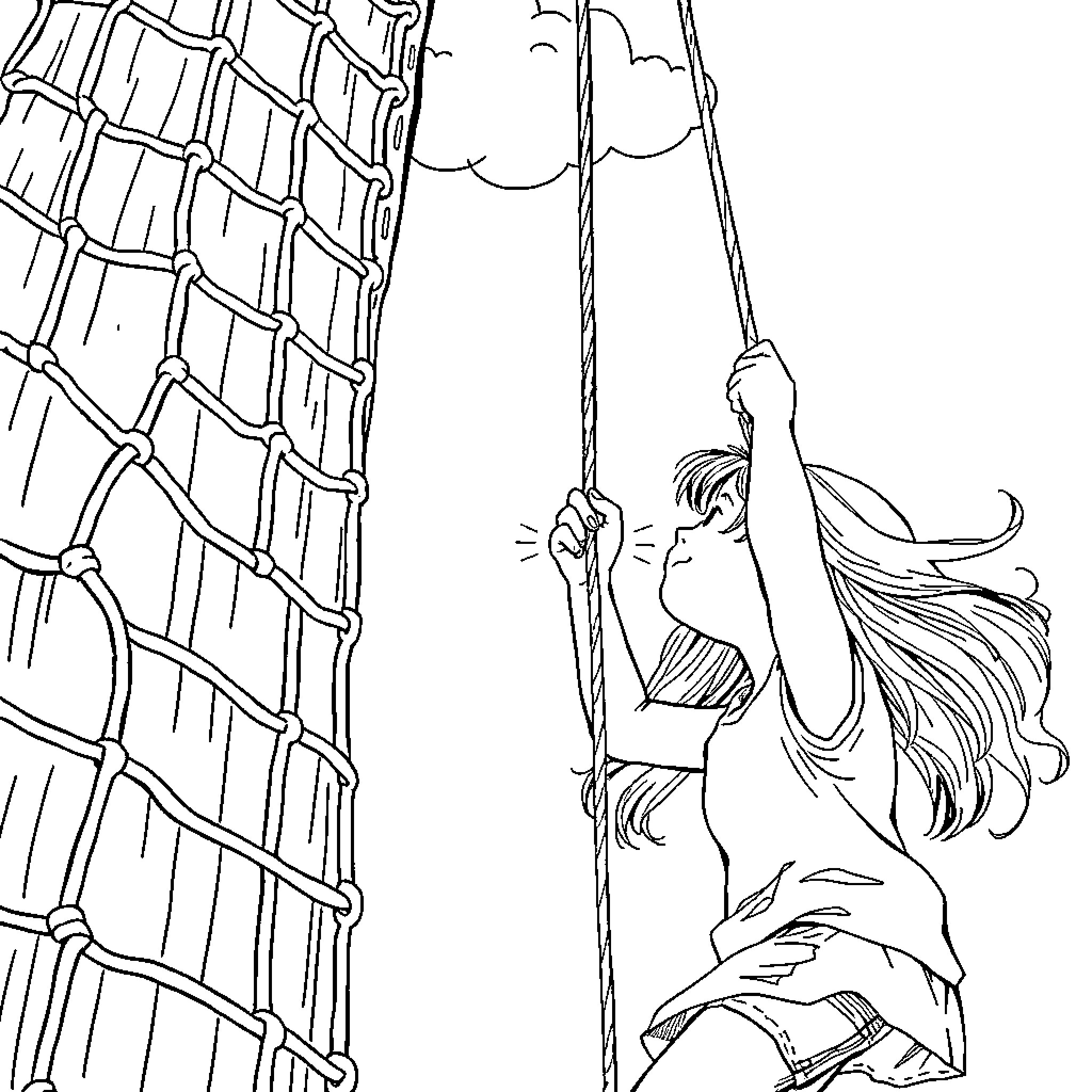Girl climbing up a rope ladder Coloring Page (free black-and-white line drawing printable PDF for all, from beginners to advanced learners, including children, teens, adults, and seniors)