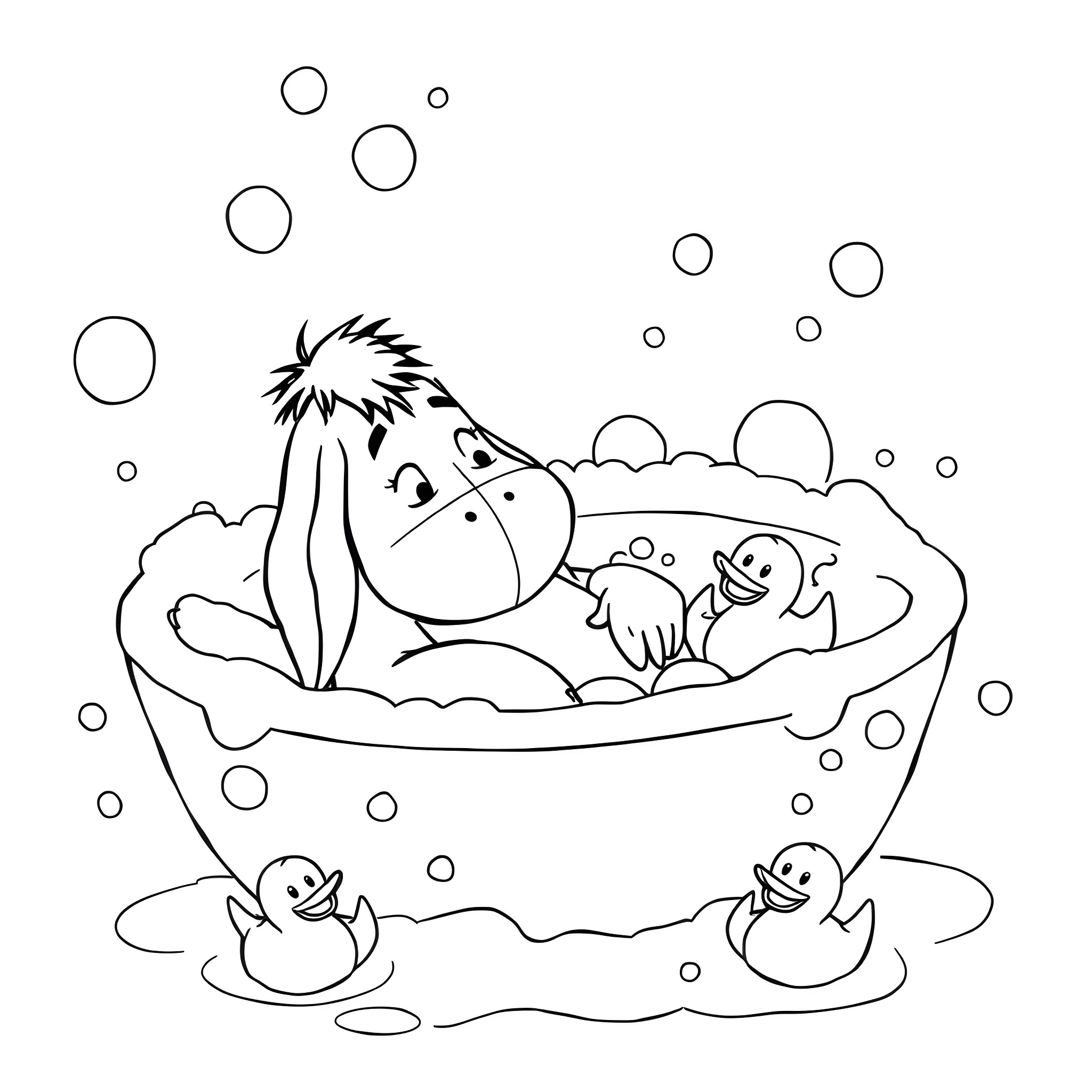 Eeyore relaxing in a bubble bath with rubber duckies Coloring Page (free black-and-white line drawing printable PDF for all, from beginners to advanced learners, including children, teens, adults, and seniors)