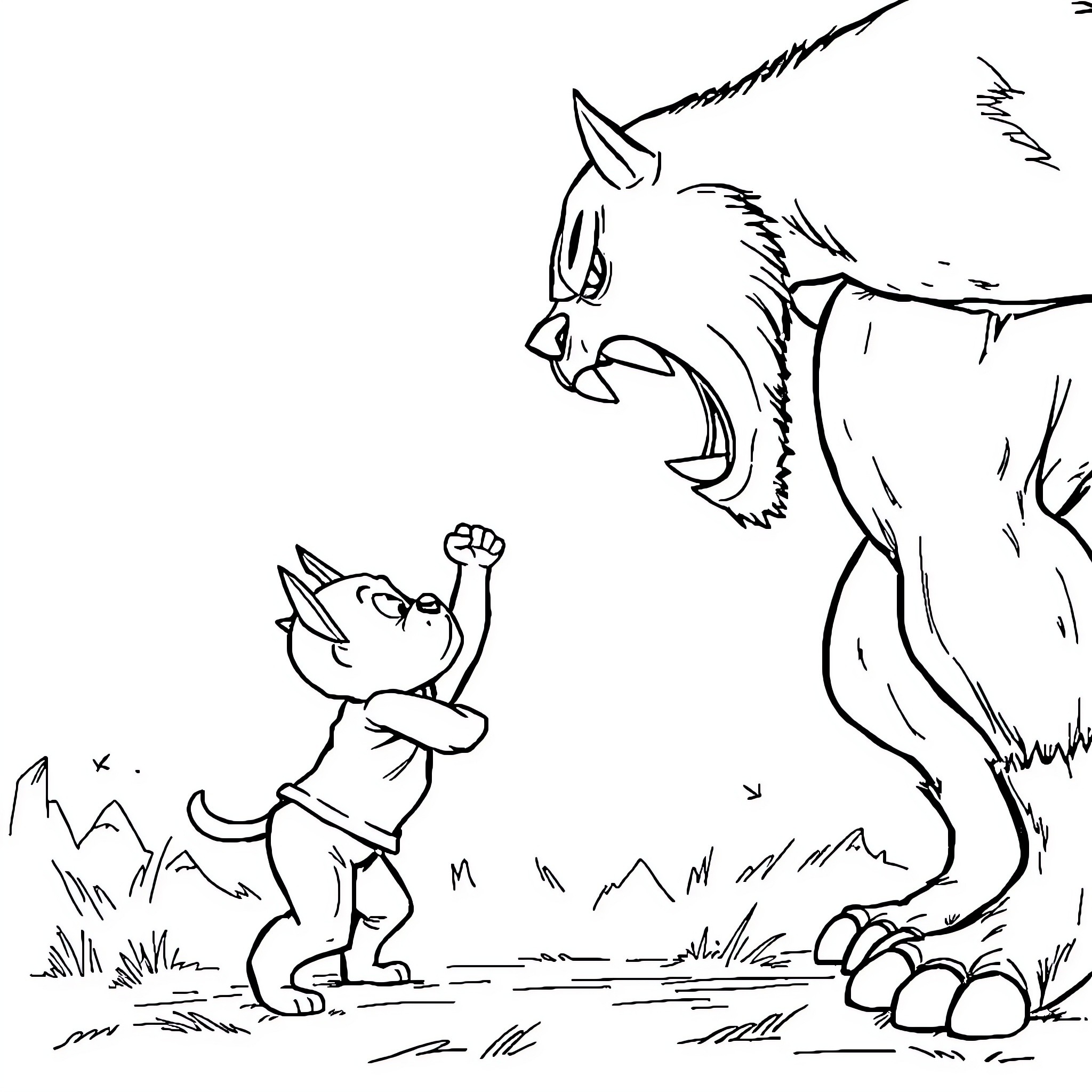 Underdog fights fearsome beast in the wild Coloring Page (free black-and-white line drawing printable PDF for all, from beginners to advanced learners, including children, teens, adults, and seniors)