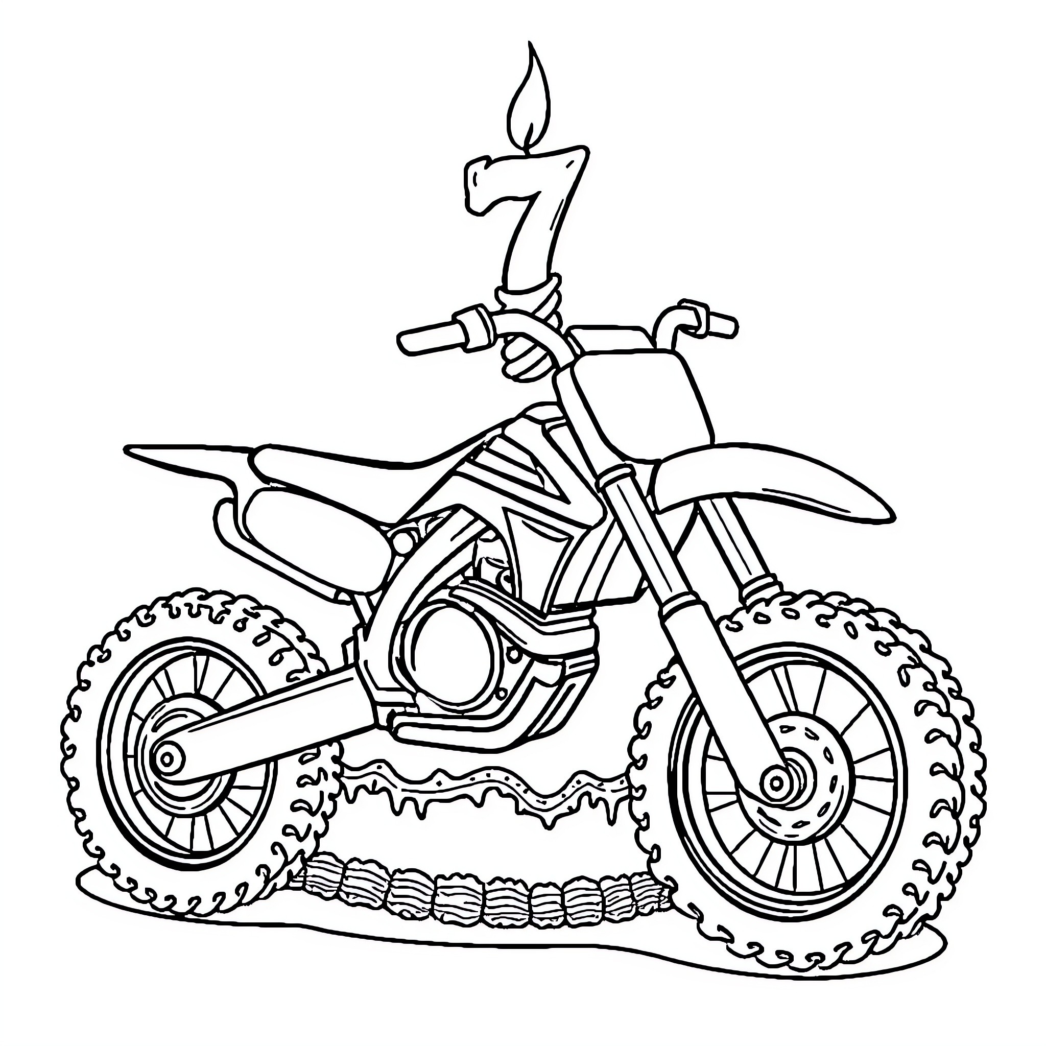 Dirtbike with 7th birthday candle Coloring Page (free black-and-white line drawing printable PDF for all, from beginners to advanced learners, including children, teens, adults, and seniors)