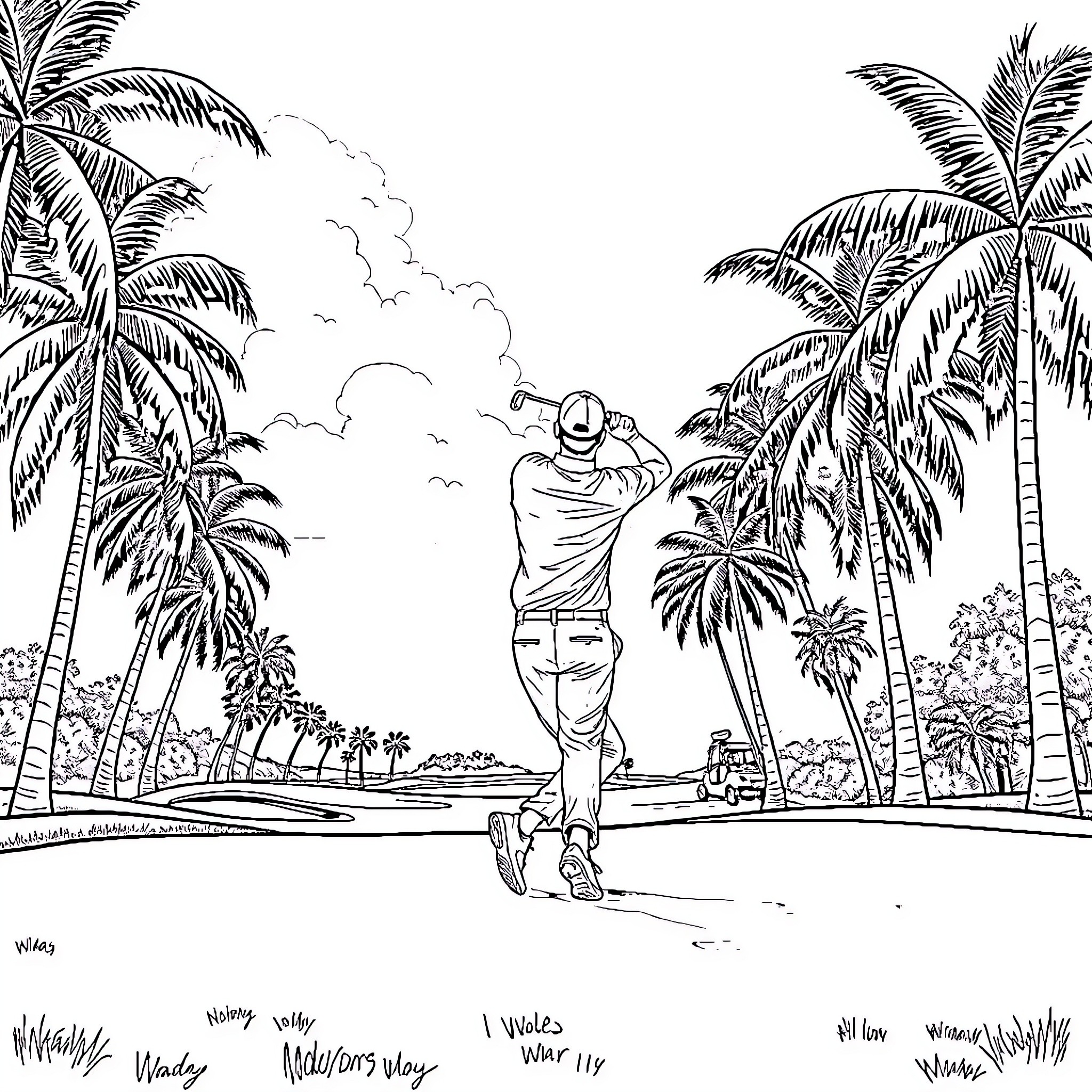 Golfer enjoying scenic tropical landscape Coloring Page (free black-and-white line drawing printable PDF for all, from beginners to advanced learners, including children, teens, adults, and seniors)