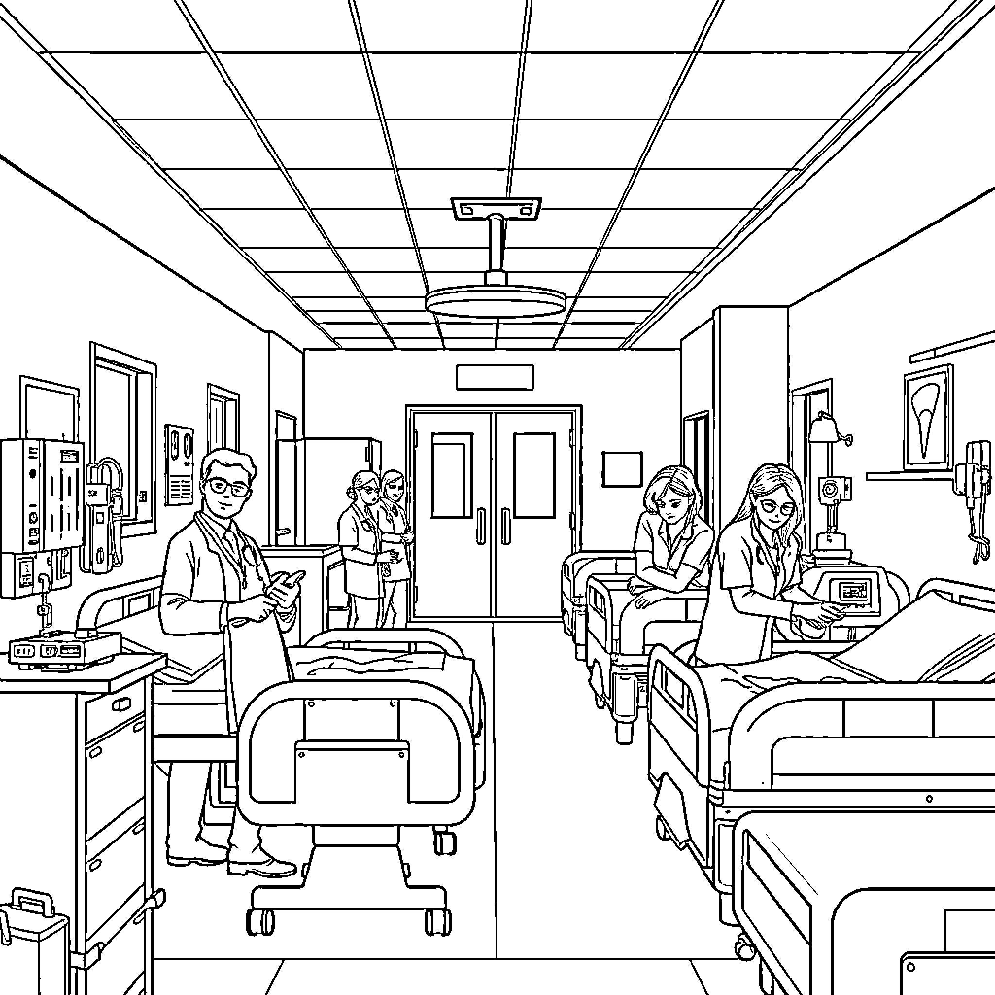 Hospital staff attending to patients in ward Coloring Page (free black-and-white line drawing printable PDF for all, from beginners to advanced learners, including children, teens, adults, and seniors)