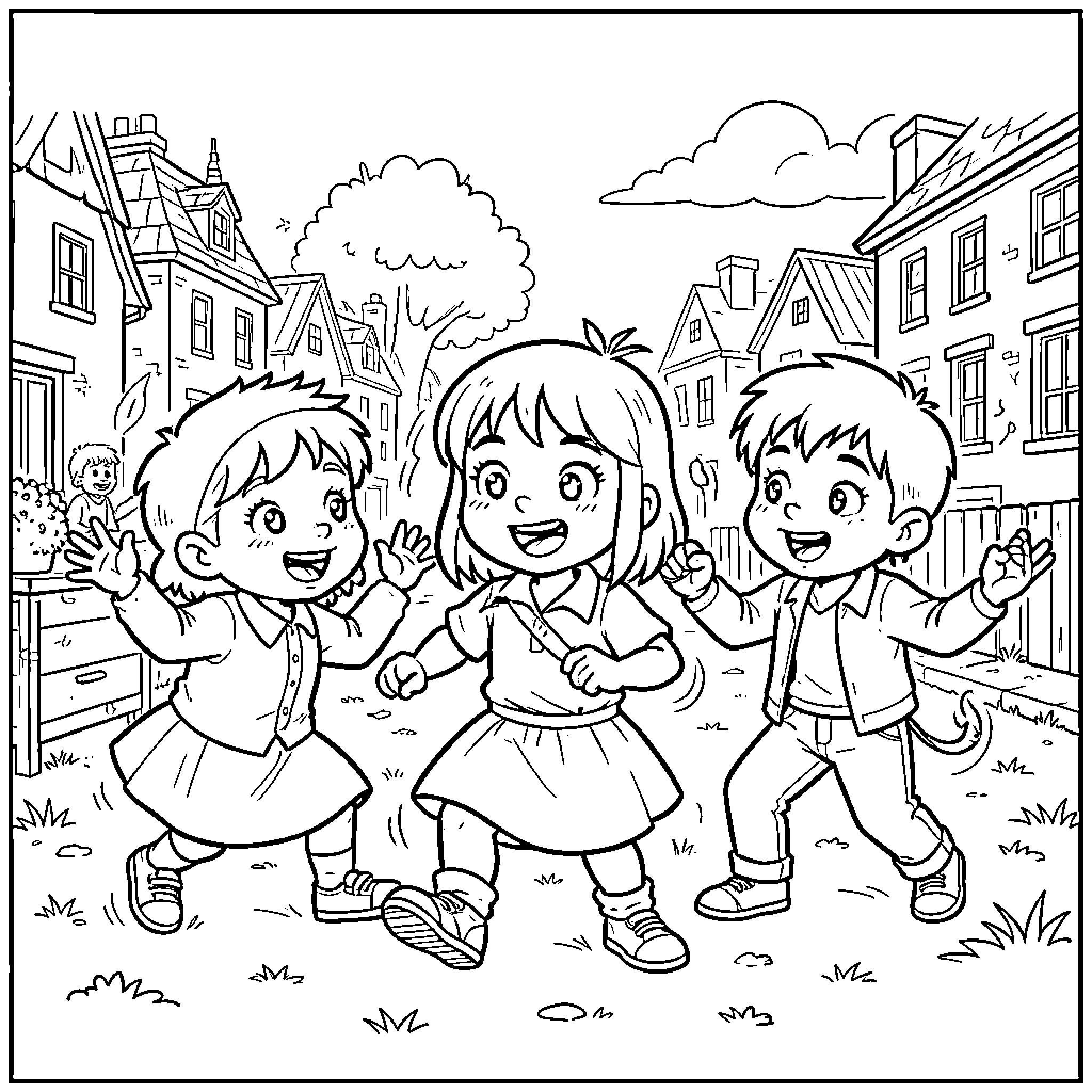 Petit Diable children playing joyfully on a street Coloring Page (free black-and-white line drawing printable PDF for all, from beginners to advanced learners, including children, teens, adults, and seniors)
