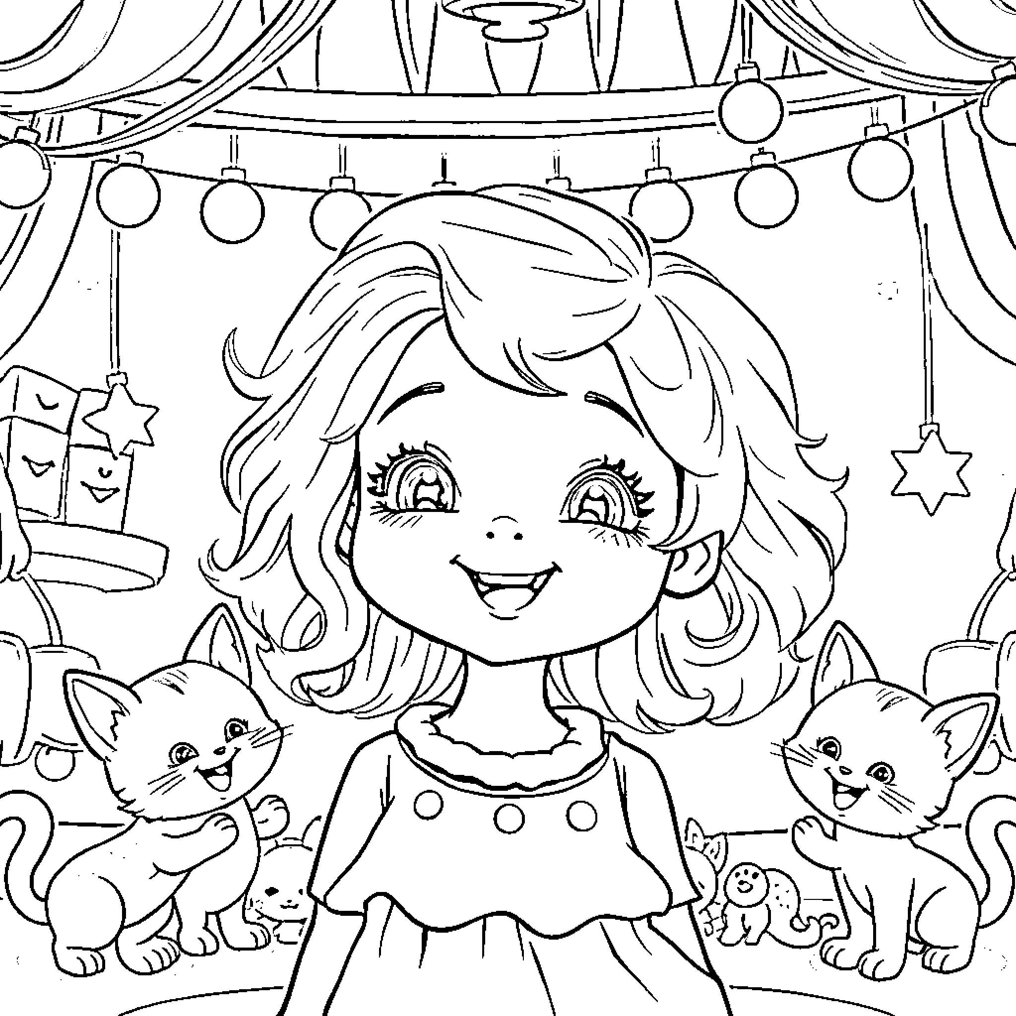 Girl at a Carnival Festival with Pets Coloring Page (free black-and-white line drawing printable PDF for all, from beginners to advanced learners, including children, teens, adults, and seniors)