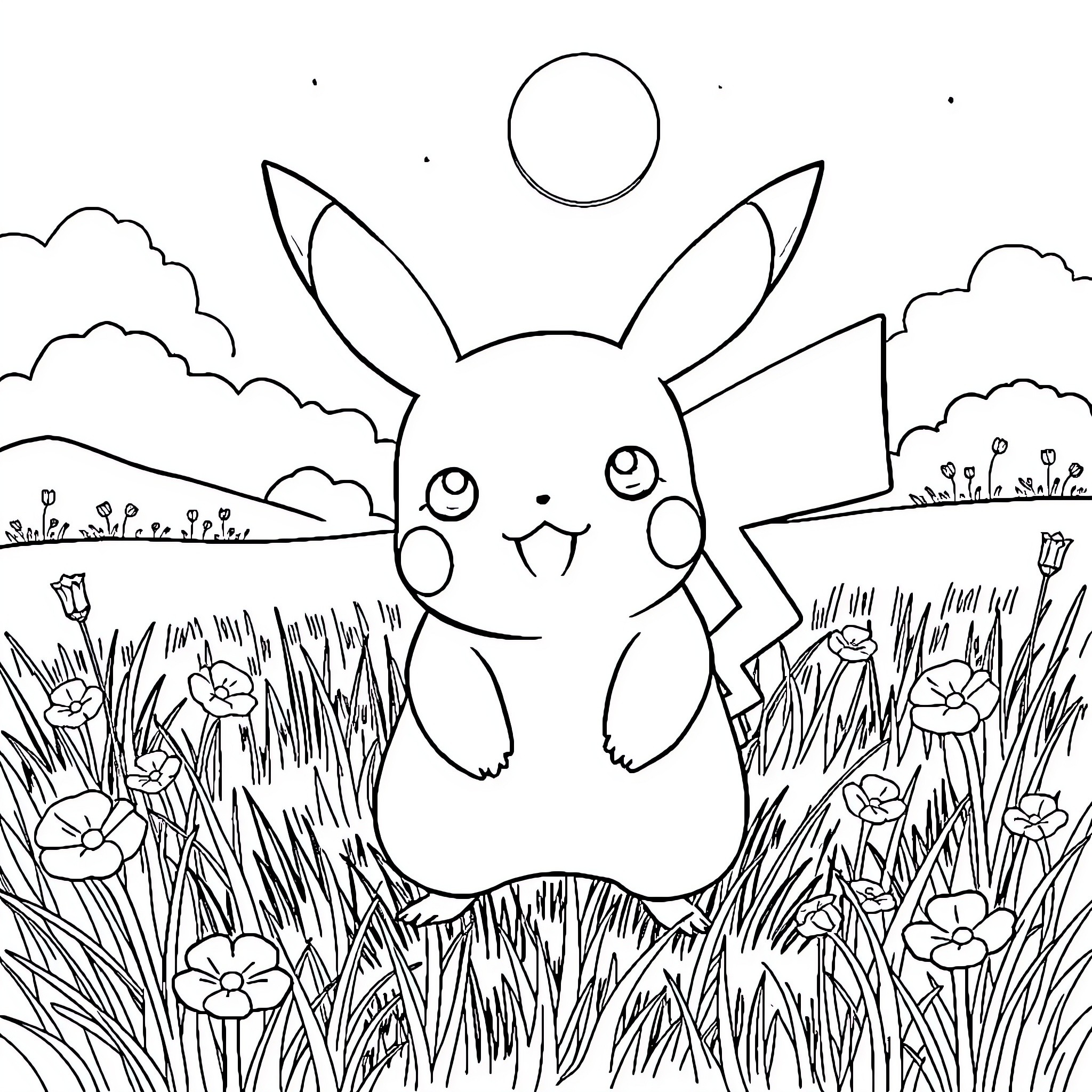 Pikachu exploring a beautiful grassy meadow Coloring Page (free black-and-white line drawing printable PDF for all, from beginners to advanced learners, including children, teens, adults, and seniors)