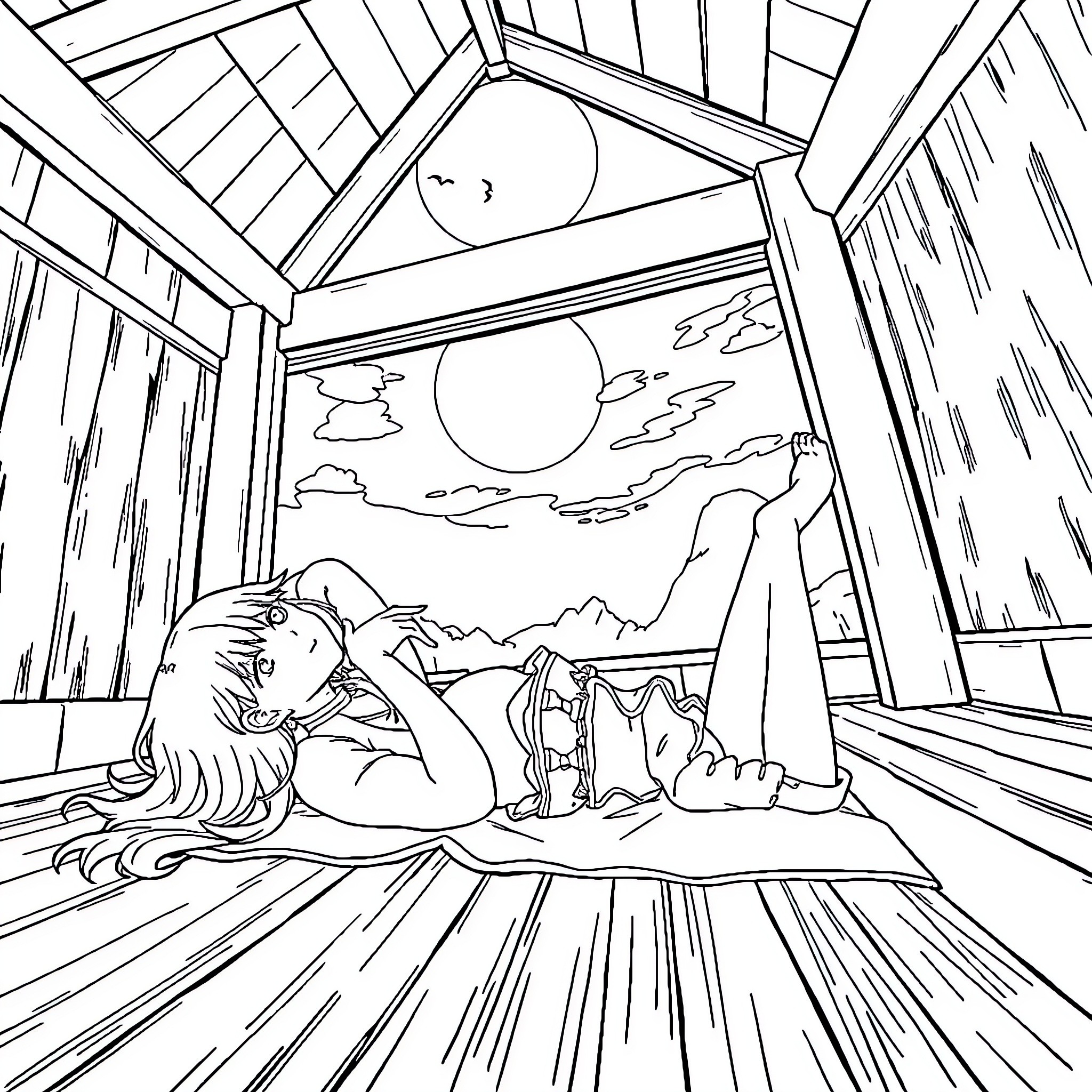 Hinata resting peacefully in a cozy cabin Coloring Page (free black-and-white line drawing printable PDF for all, from beginners to advanced learners, including children, teens, adults, and seniors)