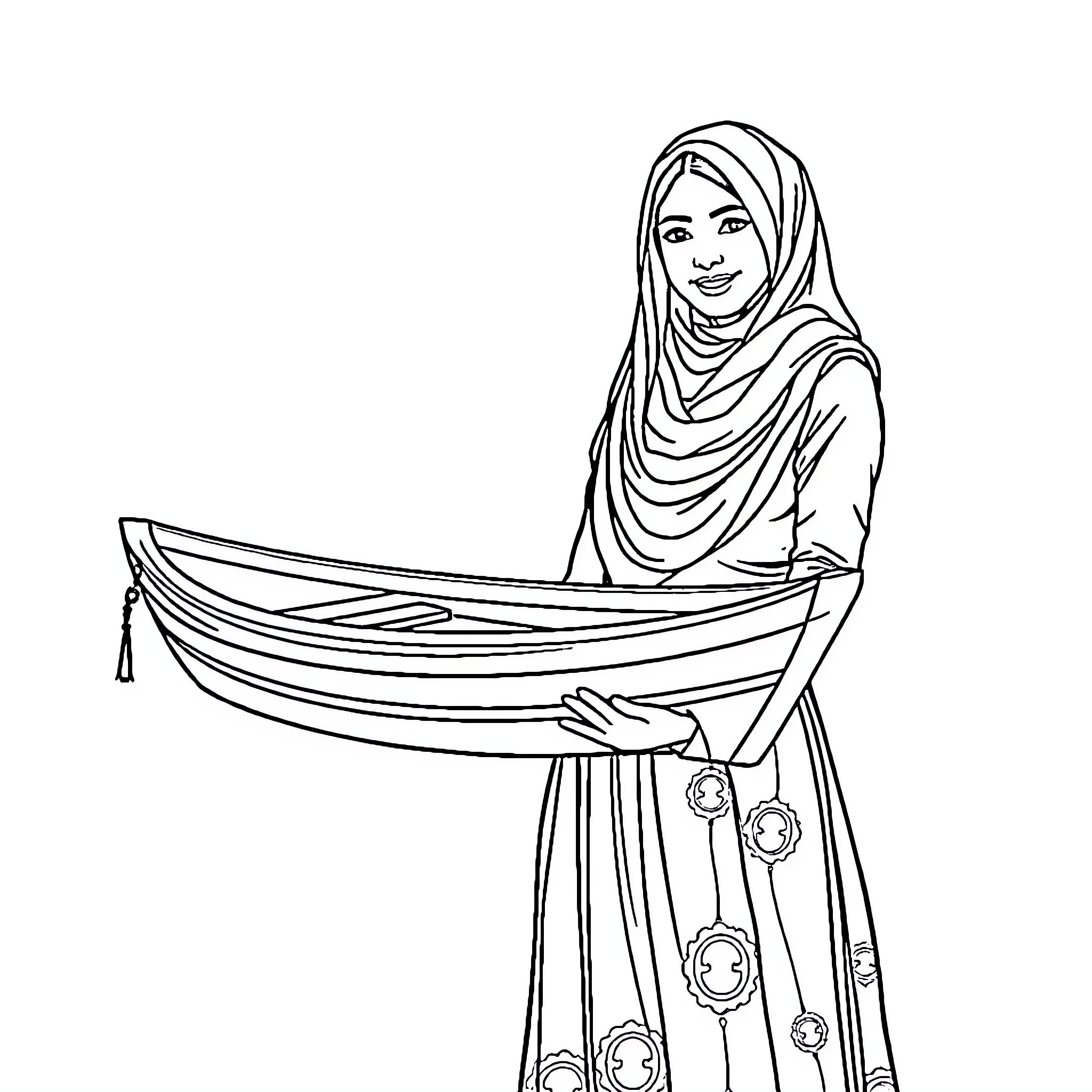 Yemila in traditional outfit with boat Coloring Page (free black-and-white line drawing printable PDF for all, from beginners to advanced learners, including children, teens, adults, and seniors)