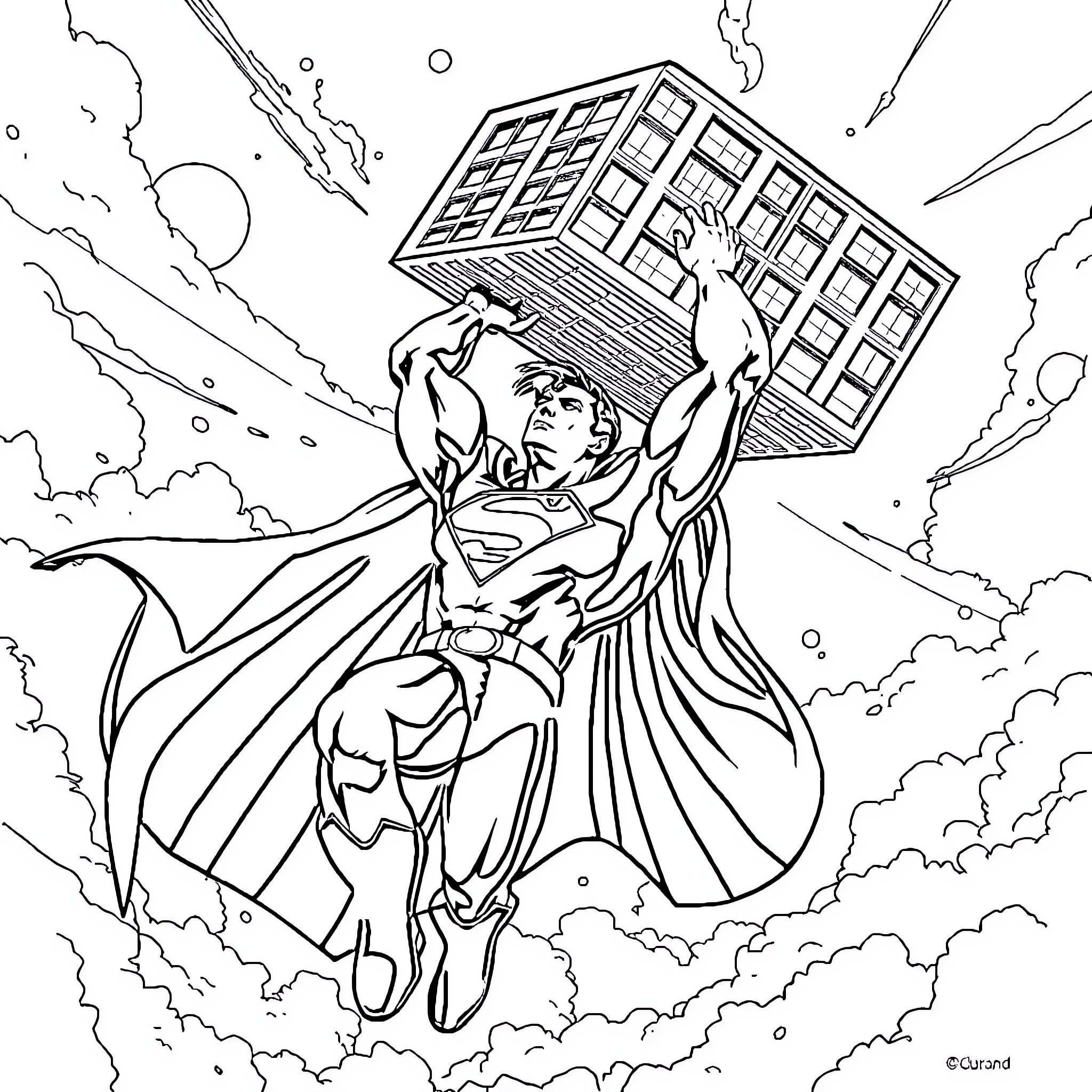 Superman lifting a skyscraper in the sky Coloring Page (free black-and-white line drawing printable PDF for all, from beginners to advanced learners, including children, teens, adults, and seniors)