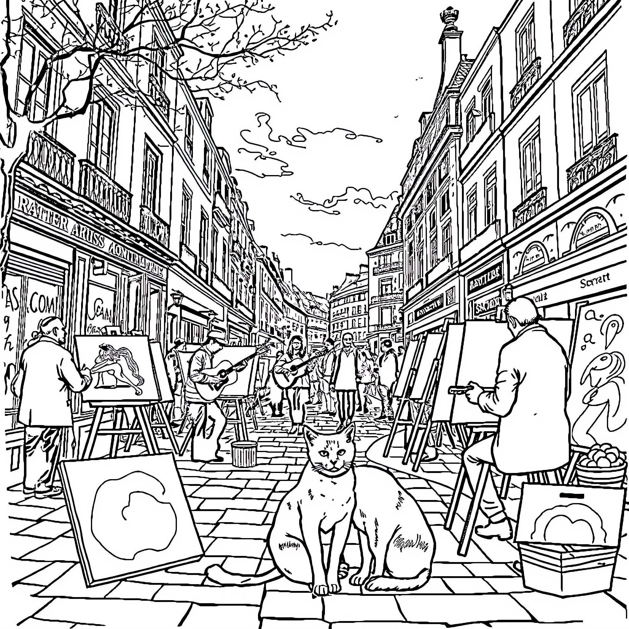 Cat on the Lively Street Scene Coloring Page (free black-and-white line drawing printable PDF for all, from beginners to advanced learners, including children, teens, adults, and seniors)