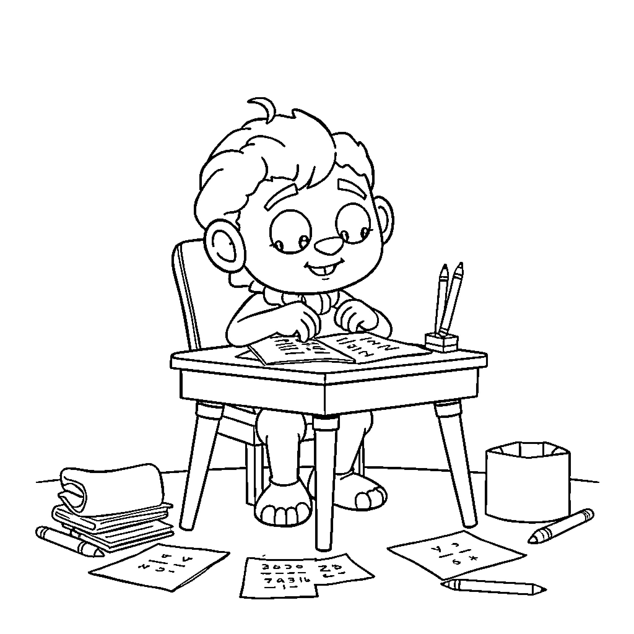 Om Nom Drawing Cheerfully at Desk Coloring Page (free black-and-white line drawing printable PDF for all, from beginners to advanced learners, including children, teens, adults, and seniors)