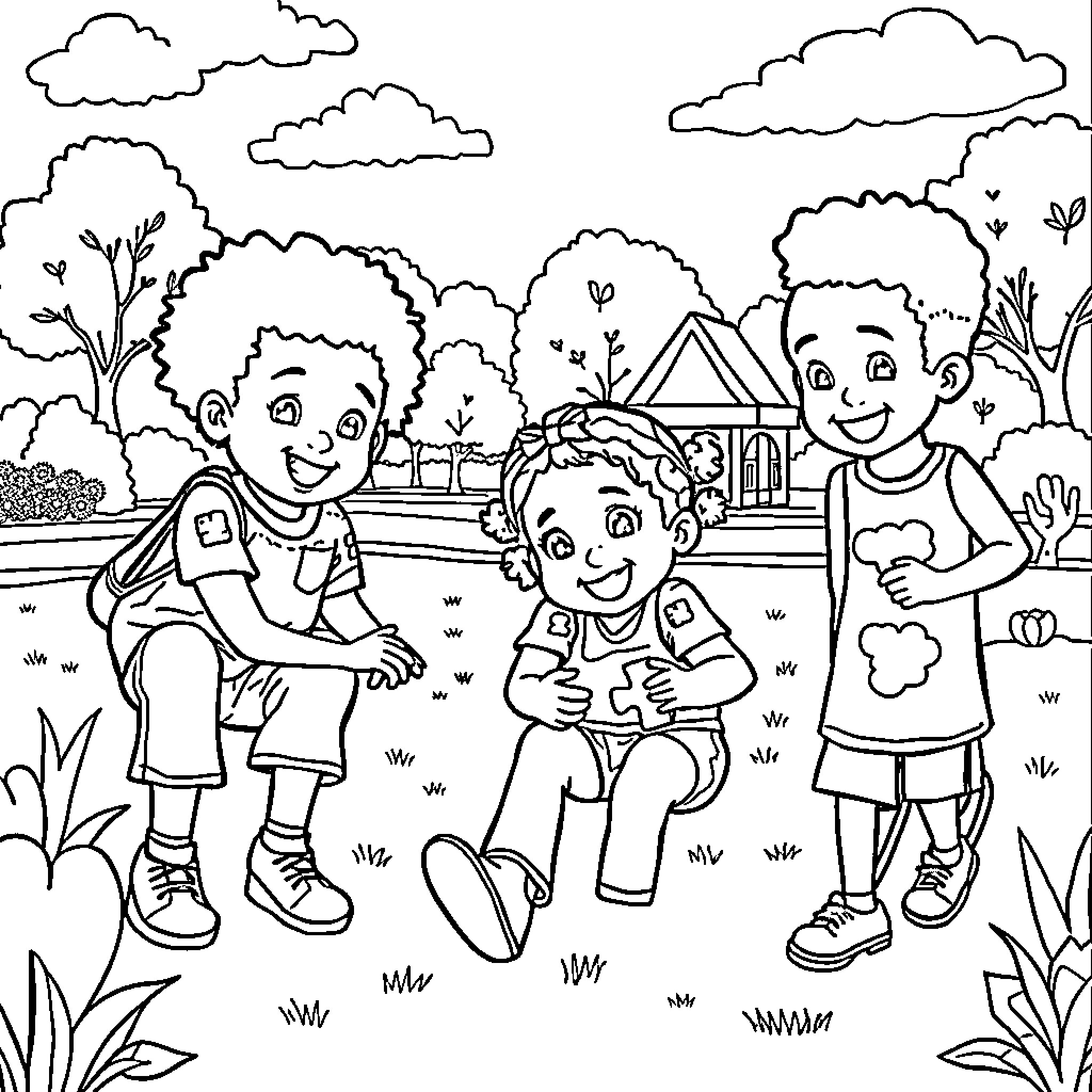 Child friends playing happily in the park Coloring Page (free black-and-white line drawing printable PDF for all, from beginners to advanced learners, including children, teens, adults, and seniors)