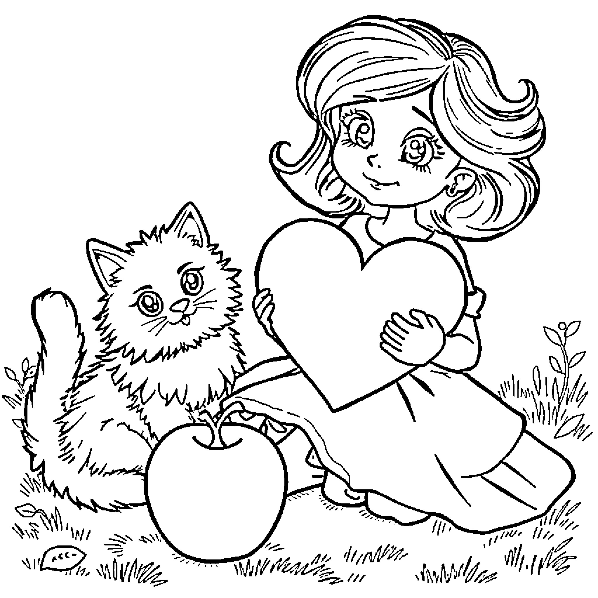 Snow White embracing a furry companion Coloring Page (free black-and-white line drawing printable PDF for all, from beginners to advanced learners, including children, teens, adults, and seniors)