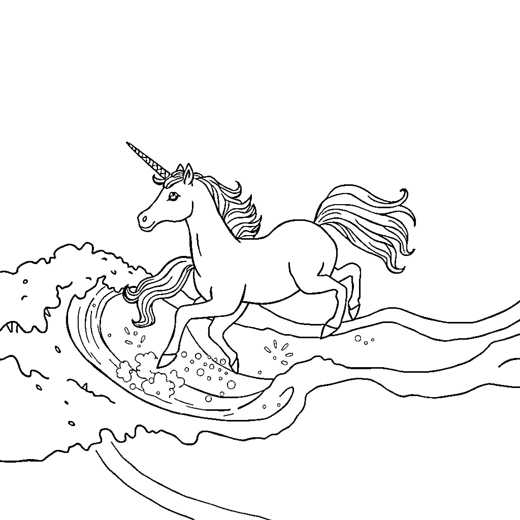 Unicorn frolicking in the waves Coloring Page (free black-and-white line drawing printable PDF for all, from beginners to advanced learners, including children, teens, adults, and seniors)