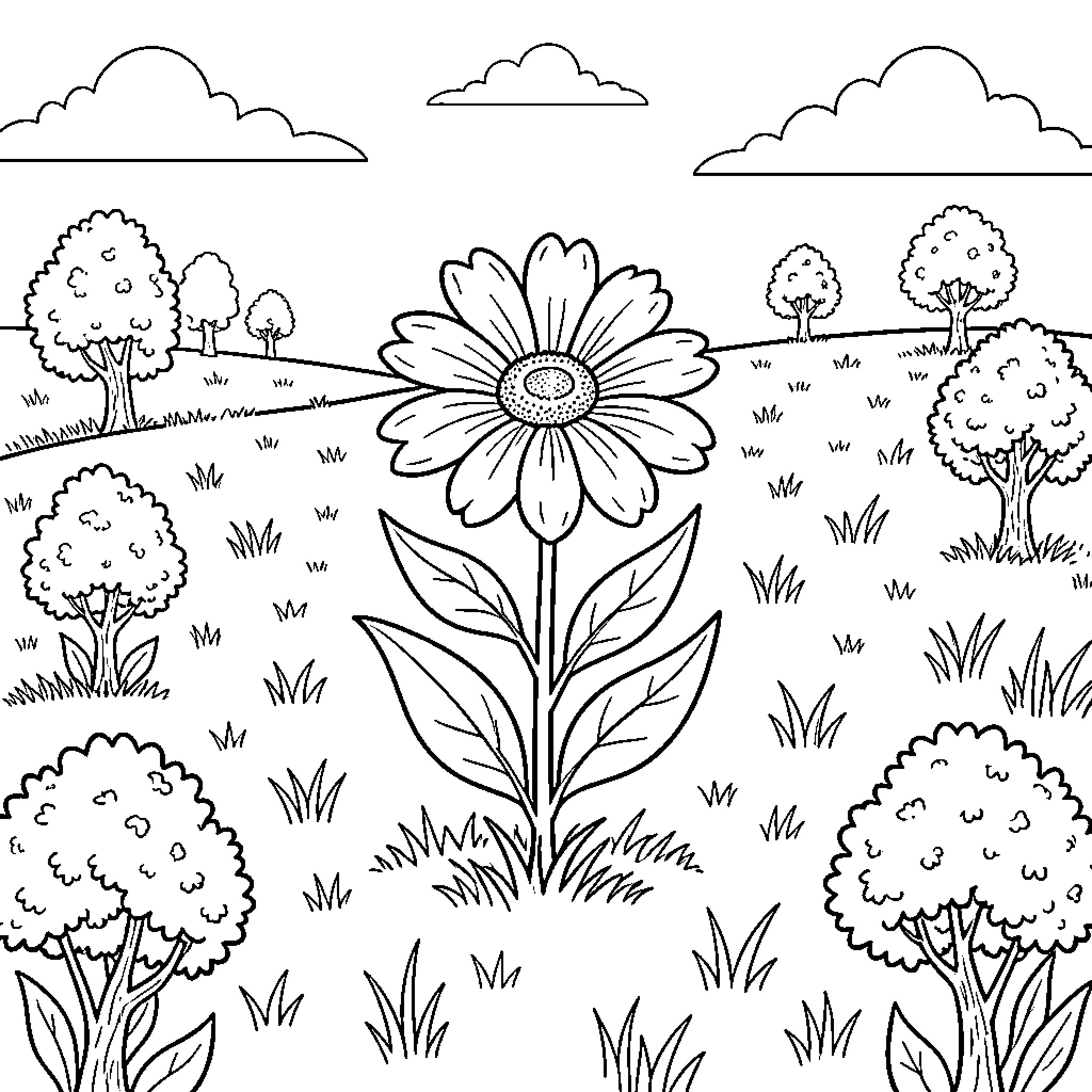 Flower in Serene Landscape with Trees Coloring Page (free black-and-white line drawing printable PDF for all, from beginners to advanced learners, including children, teens, adults, and seniors)