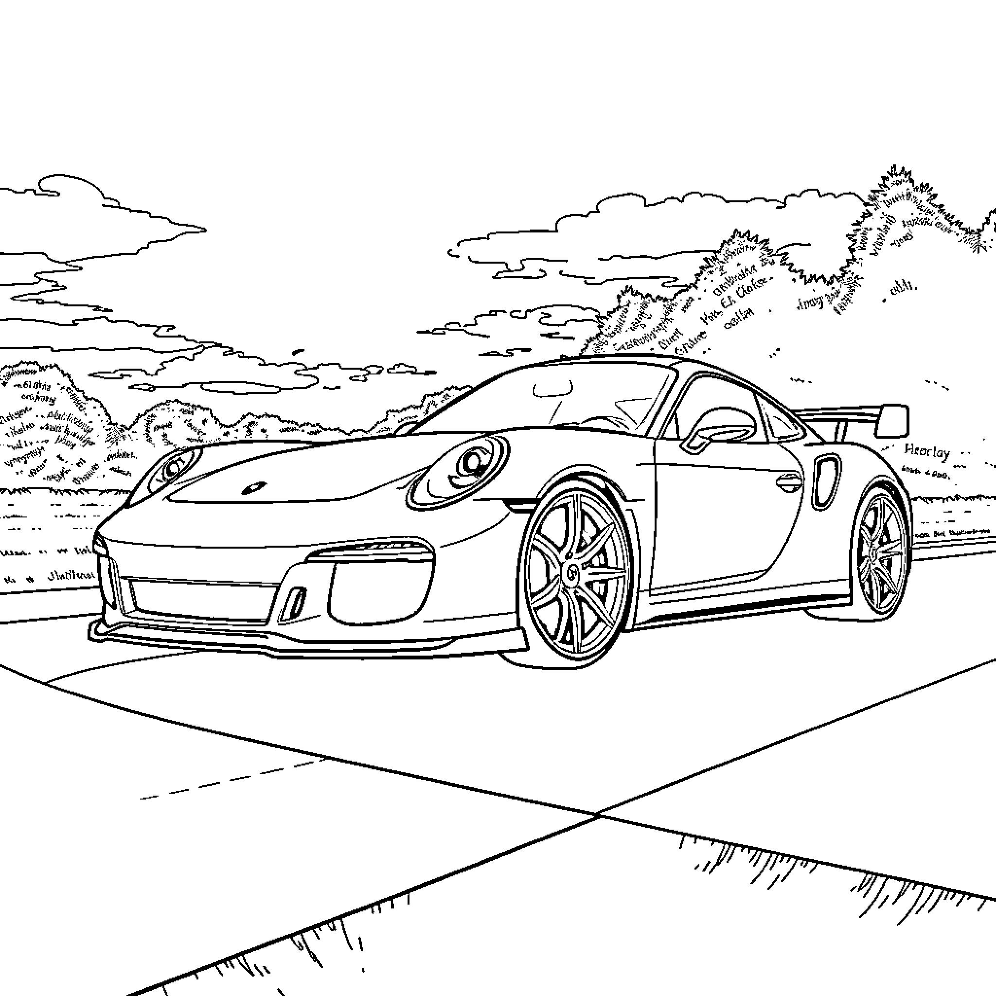 Porsche sports car speeding through the scenic landscape Coloring Page (free black-and-white line drawing printable PDF for all, from beginners to advanced learners, including children, teens, adults, and seniors)