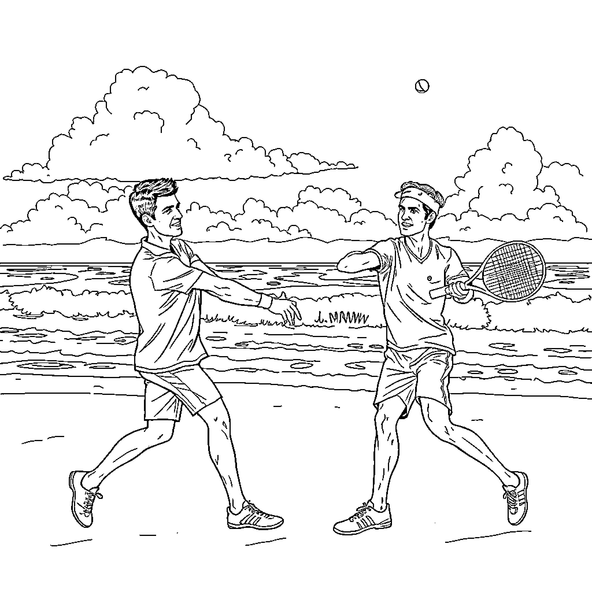 Djokovic and opponent play tennis on beach Coloring Page (free black-and-white line drawing printable PDF for all, from beginners to advanced learners, including children, teens, adults, and seniors)