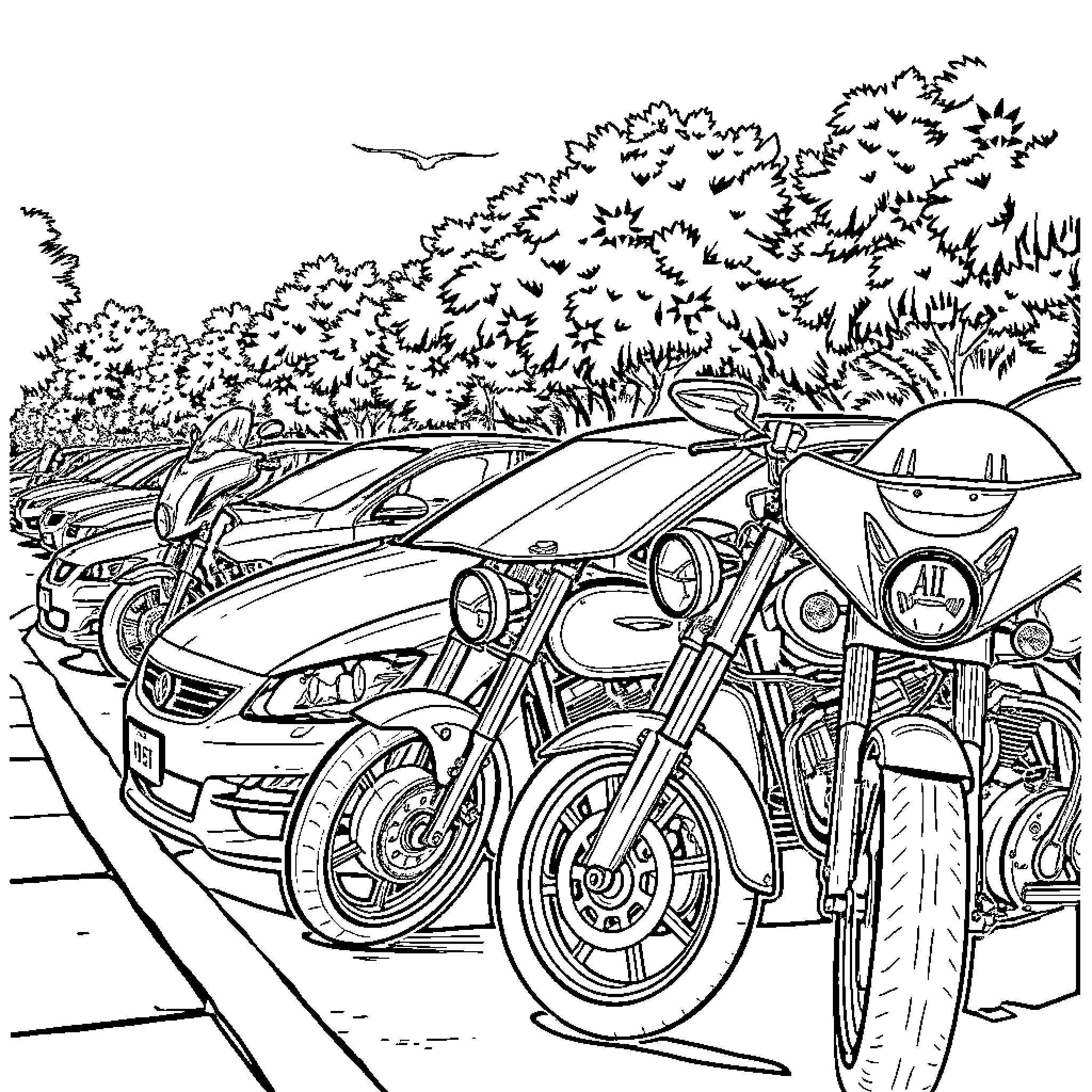 Car in a Wooded Parking Lot Coloring Page (free black-and-white line drawing printable PDF for all, from beginners to advanced learners, including children, teens, adults, and seniors)
